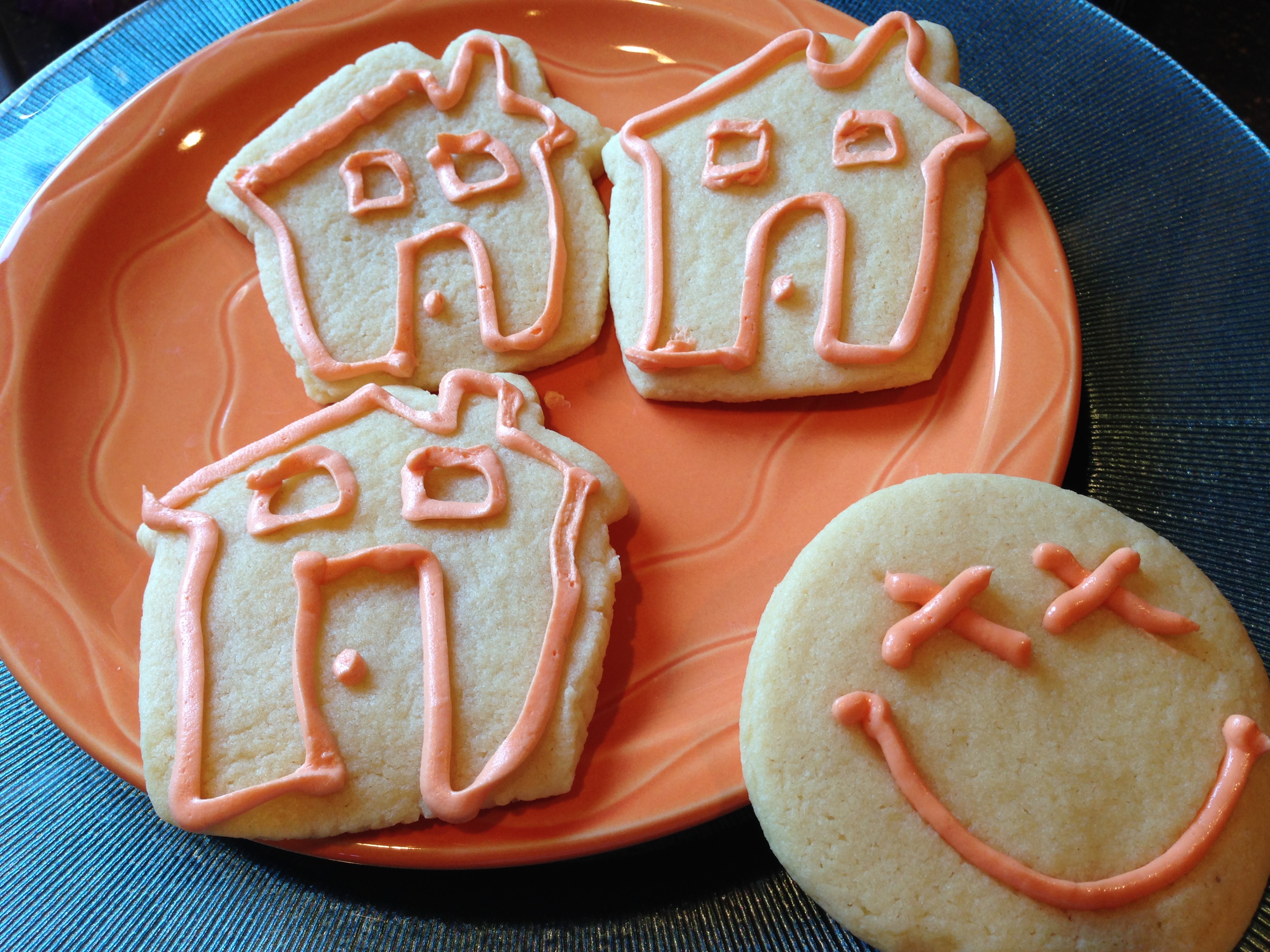 House and Smiley Face Sugar Cookies, Wise man built his house upon a rock, orange frosting recipe, gospelgrabbag.com