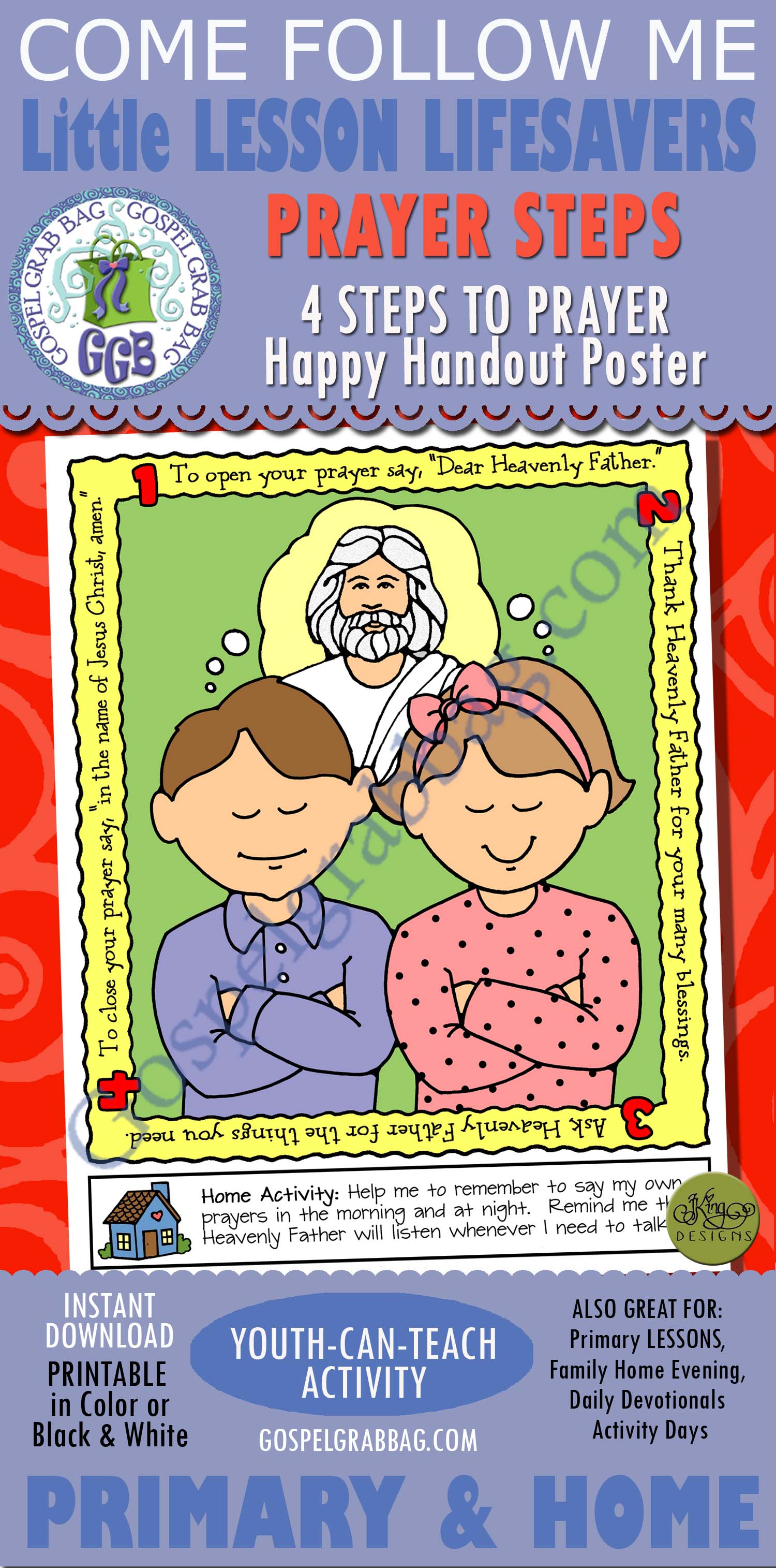 PRAYER Activity: Prayer Steps - Four Steps to Prayer Happy Handout Poster Steps to Prayer poster or color page