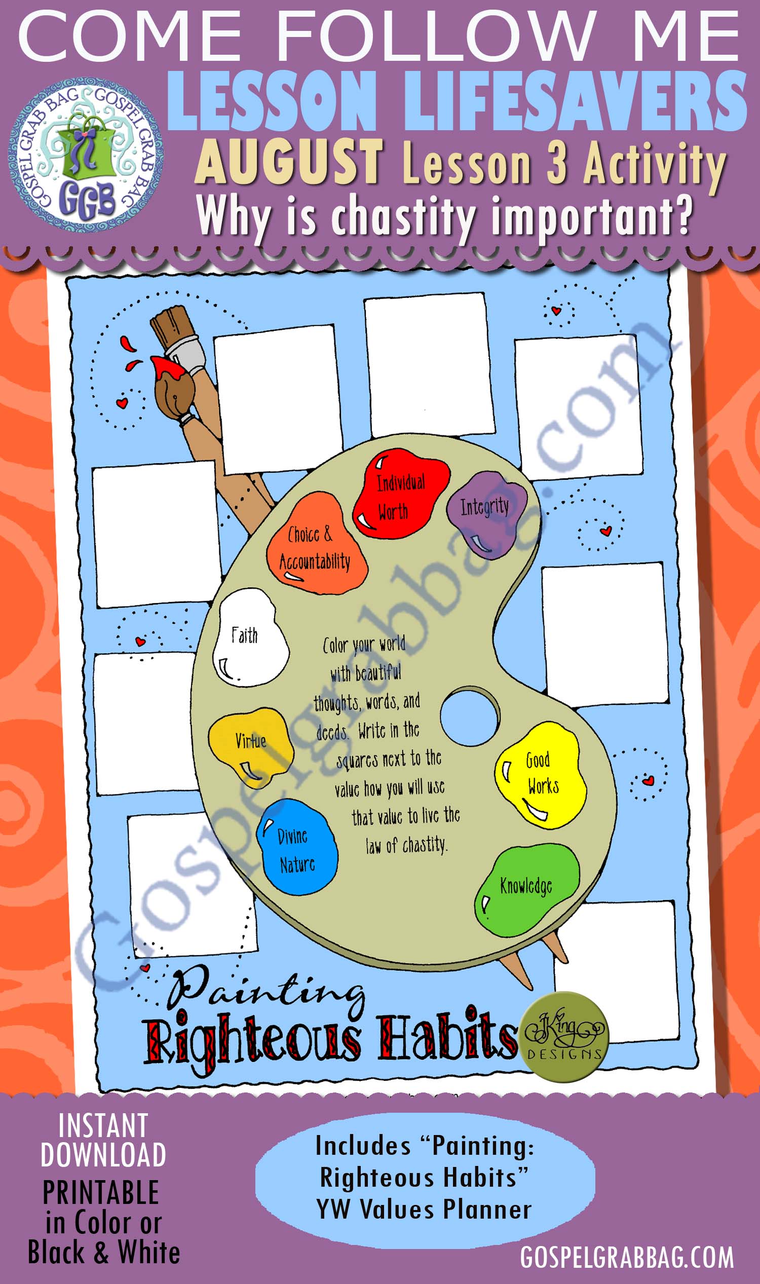 $1.75 AUGUST Lesson 3 "Why is chastity important?" Activity: Painting Righteous Habits value-planner
