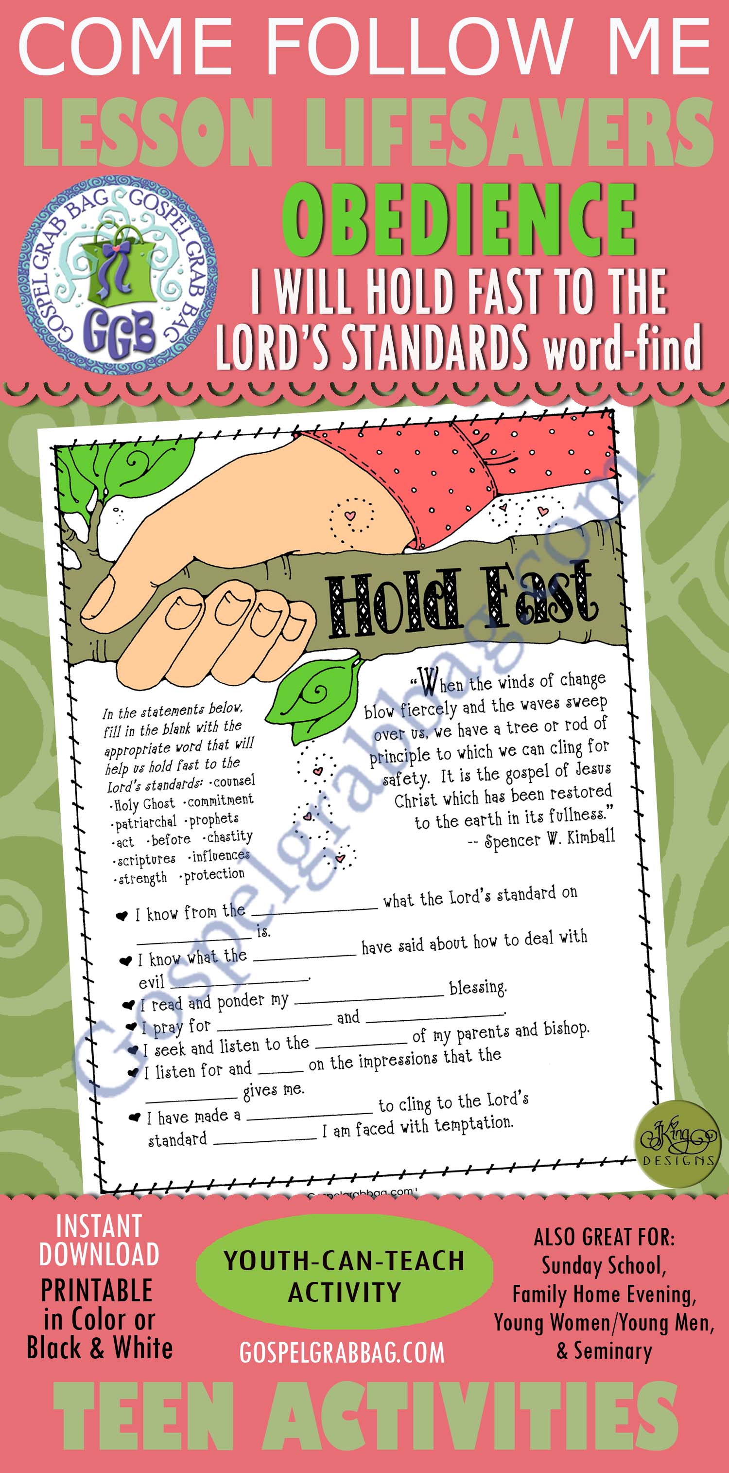 STANDARDS - COMMANDMENTS: Activity Hold Fast to the Lord's Standards word find Hold Fast to the Lord's Standards word find