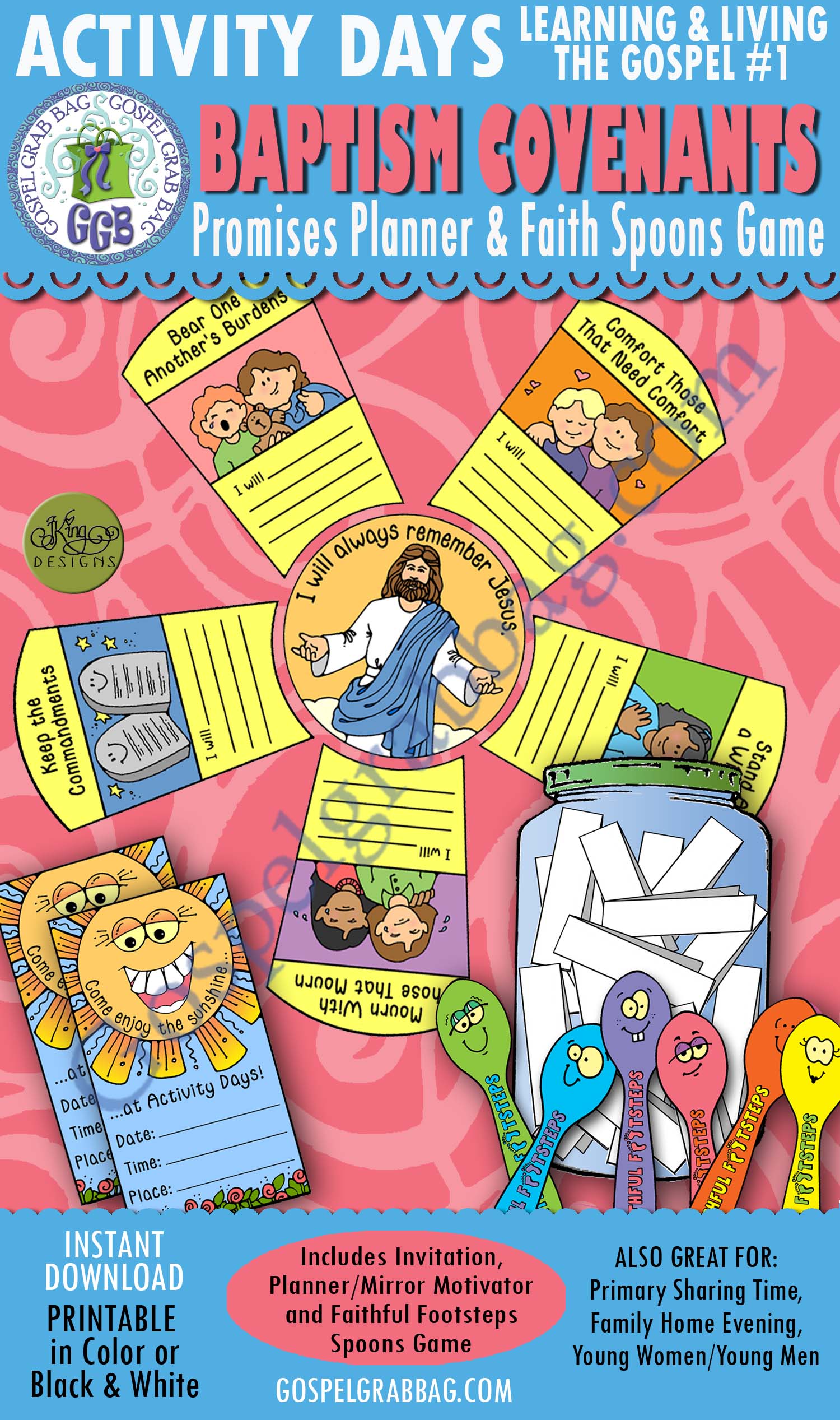 $3.75 BAPTISMAL COVENANTS - Promises Planner and Faithful Spoons Game, Activity Days Learning and Living the Gospel Goal 1 ACTIVITY