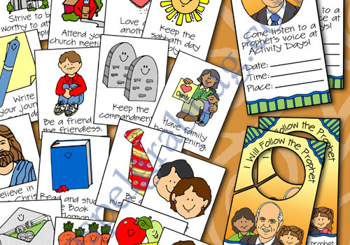 FOLLOW THE PROPHET: Activity Days – Learning and Living the Gospel – Goal 4, read conference address given by the prophet Follow the Prophet goal activity match game, doorknob sign