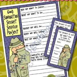 SERVICE - KINDNESS: Activity Days: Serving Others, Goal 1 Invitation, Activity: Good Samaritan Secret Service Project planner, GospelGrabBag.com