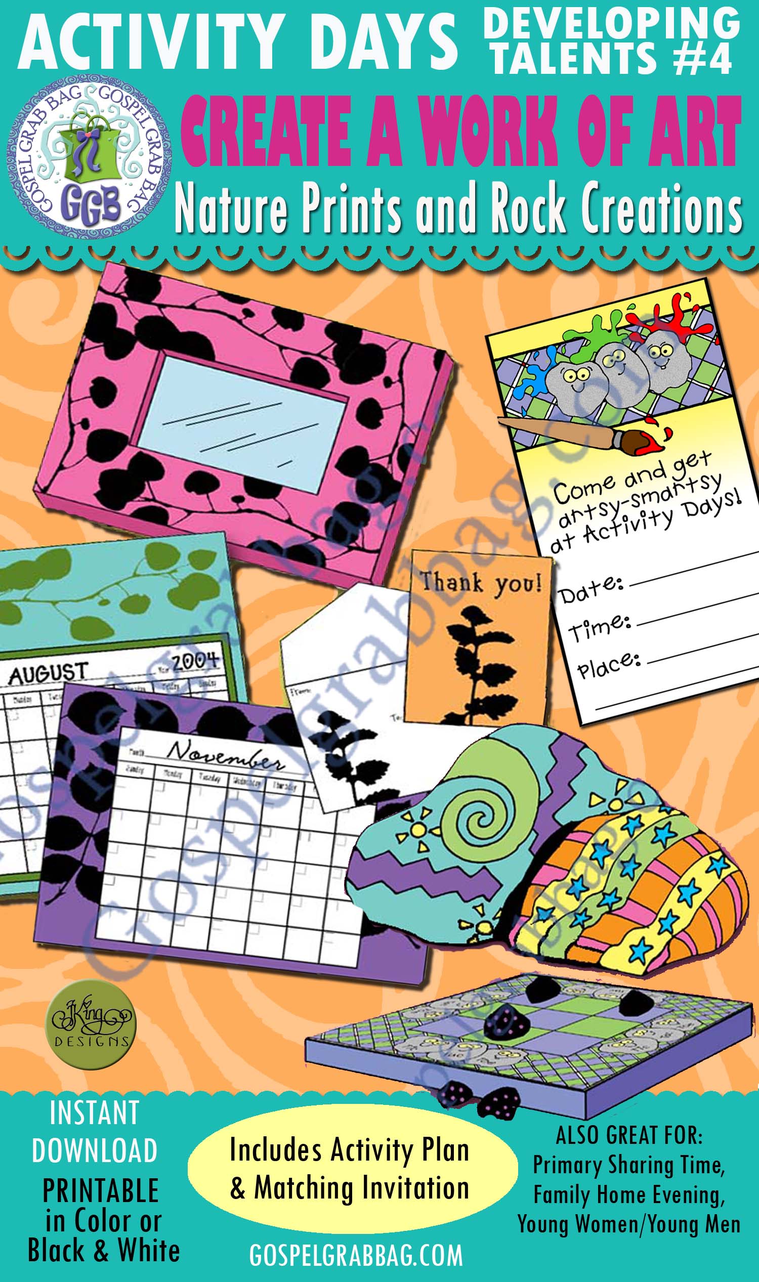 Activity Days: Developing Talents Goal 4 Invitation, Creative Works of Art: nature prints, and rock tic-tac-toe game Creative Works of Art