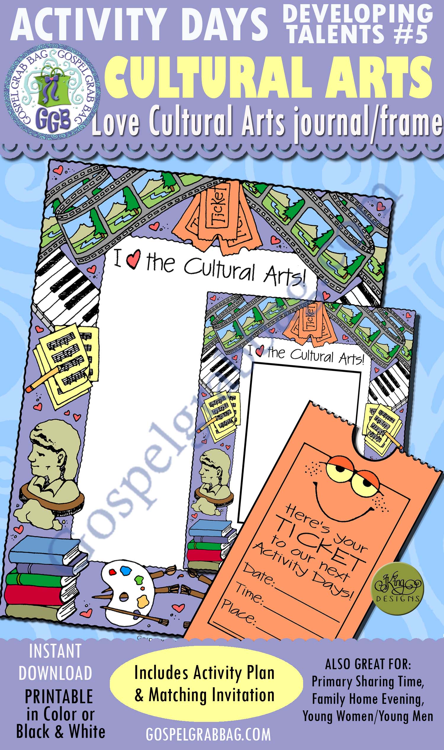 Activity Days: Developing Talents Goal 5 Invitation, I Love Cultural Arts picture frame, planner, and journal page, GospelGrabBag.com