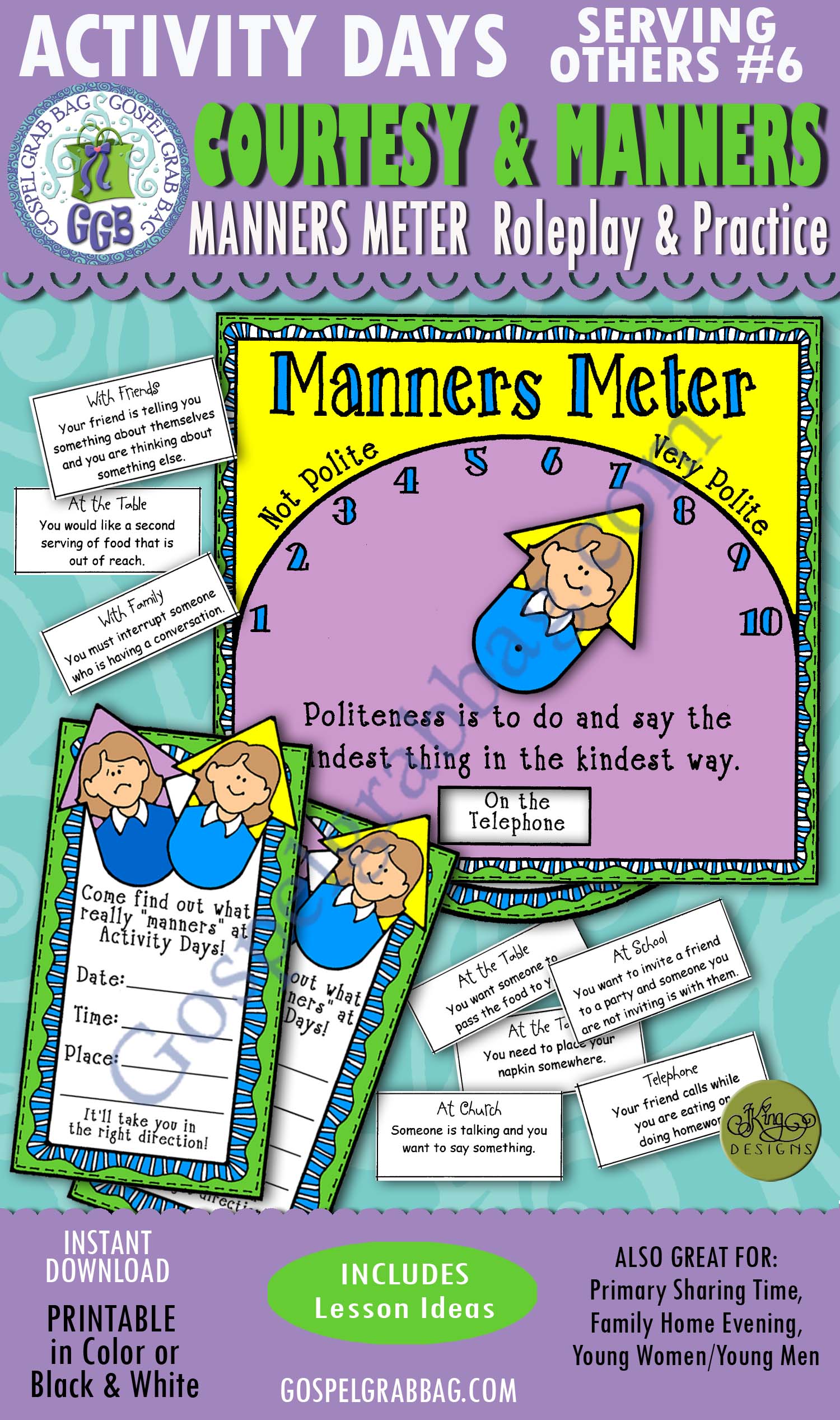 Activity Days: Serving Others - Faith in God GOAL 6: Courtesy and Manners - ACTIVITY: Manners Meter Roleplay and Practice $3.00 Activity Days: Serving Others - Faith in God GOAL 6: Courtesy and Manners - ACTIVITY: Manners Meter Roleplay and Practice, GospelGrabBag.com