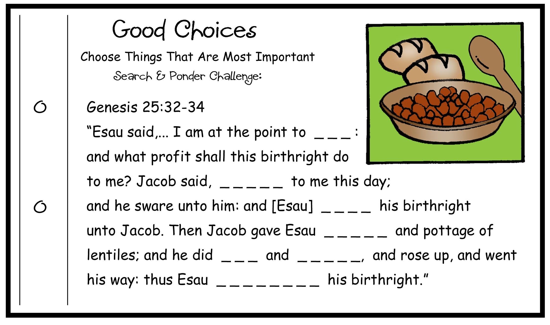 ESAU sells birthright to JACOB Genesis 23:32-34 Scripture Challenge Card
