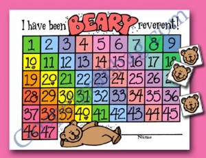 CTR REVERENCE CHART: Primary CTR-B, Bear Reverence Chart to store lesson handouts for CTR-A class, Primary 3 manual, primary lesson helps, family home evening, Sunday Savers book or CD-ROM, gospel grab bag, gospelgrabbag.com