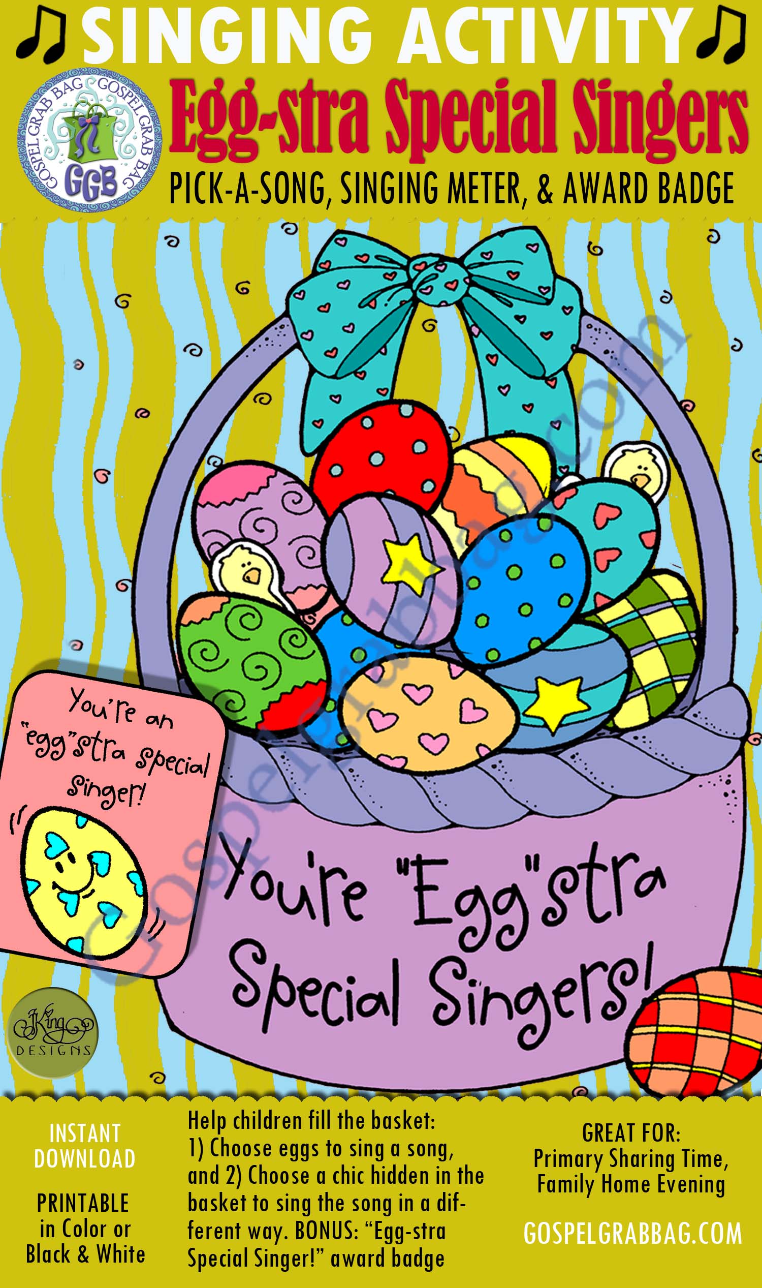 $2.50 APRIL - EASTER Singing Fun Activity: Egg-stra Special Singers pick-a-song, singing meter, and award badge, GospelGrabBag.com, LDS Printables