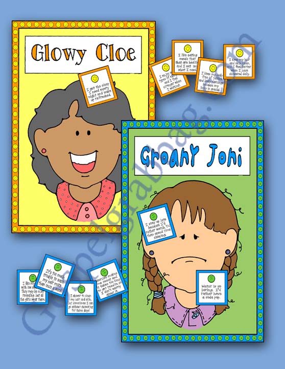 DO I GROAN OR GLOW PIN CHOICES ON GROANY JONI OR GLOWY CLOE – Activity for November “Come, Follow Me” Young Women – Theme: “Spiritual and Temporal Self-Reliance” – Lesson #5 Theme: Why does the Lord want me to be healthy? - LDS - Christian lesson activities to download from gospelgrabbag.com, Activity Days Learning and Living the Gospel Goal 8