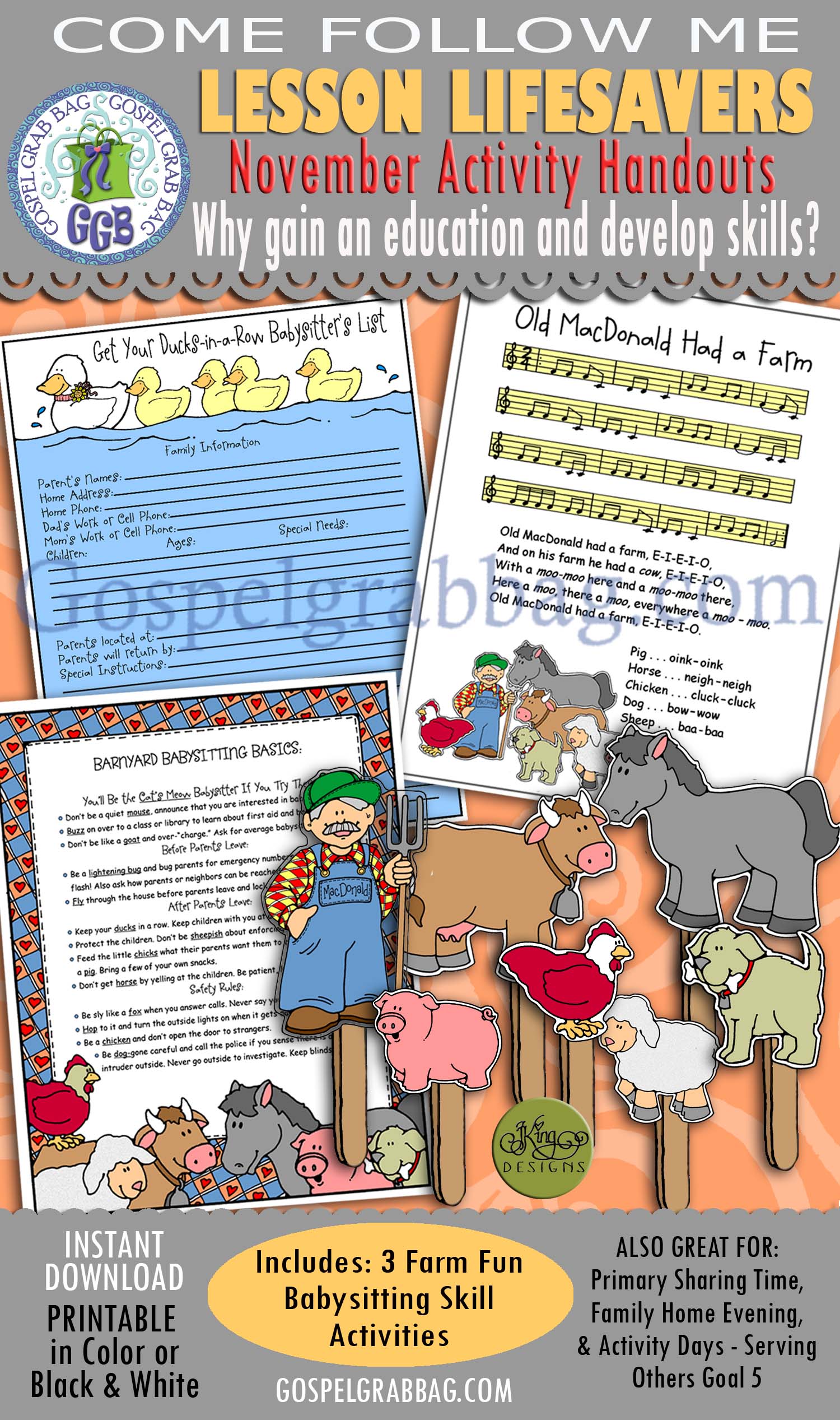 $4.00 KIT: Come Follow Me November "Why is it important to gain an education & develop skills?" CHILD CARE: Babysitting Basics: Ducks-in-a-Row List, Old MacDonald Song, Basics & Puppet Show