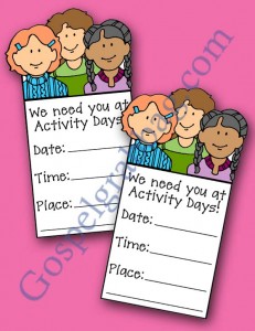 $2.50 set – PREPARE ACTIVITY DAY GIRLS FOR YOUNG WOMEN and personal progress, Set includes: 1 invitation and set of 5 different planner forms, gospelgrabbag.com