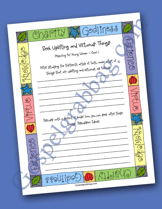 $2.50 set – PREPARE ACTIVITY DAY GIRLS FOR YOUNG WOMEN and personal progress, Set includes: 1 invitation and set of 5 different planner forms, gospelgrabbag.com
