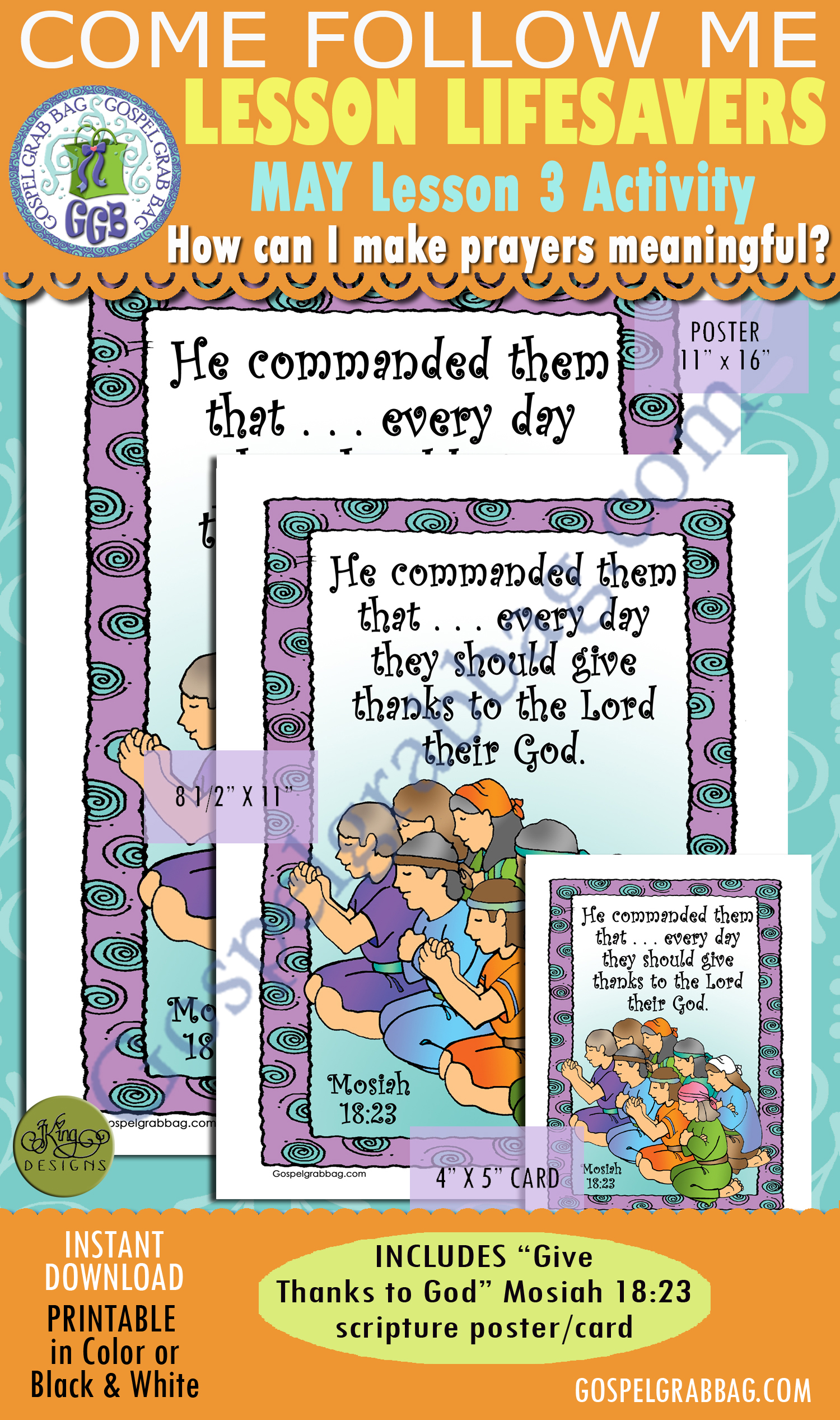 $2.00 MAY Lesson 3 Come Follow Me "How can I make my prayers more meaningful?" Activity "Thanks to God" Mosiah 18:23 scripture poster