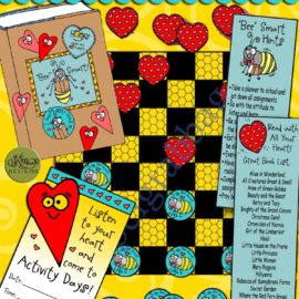 Activity Days: Developing Talents Goal 6 Invitation, "Bee" Smart book cover, good book reading list, and Smart Bees and Hearts checkers