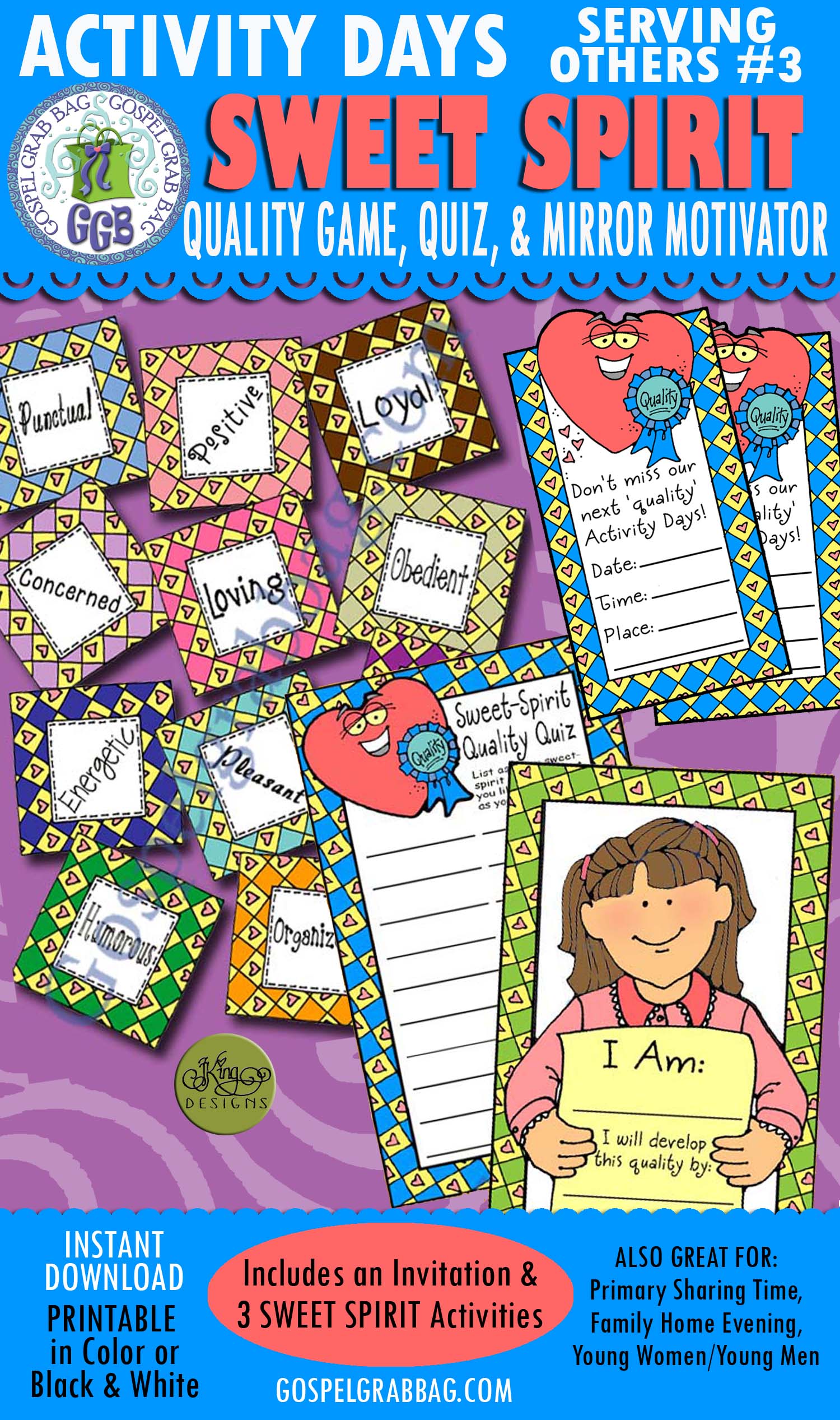 RESPECT & KINDNESS: Activity Days: Serving Others Goal 3 Invitation, Activity: Sweet Spirit Quality Quiz Match Game and Mirror Motivator SWEET SPIRIT Quality Game, Quiz, and Mirror Motivators - Children & Youth Goals