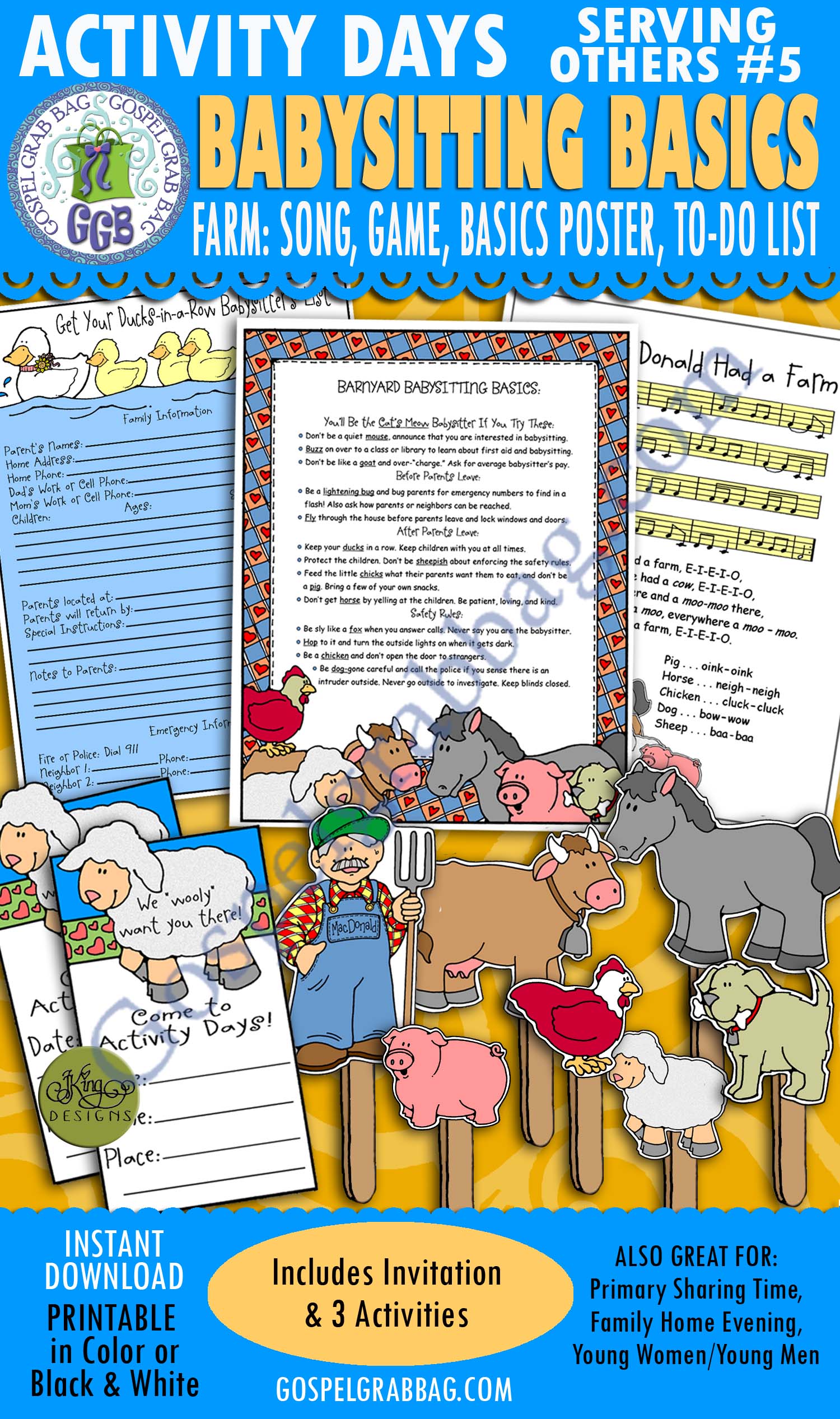 Activity Days: Serving Others - Faith in God GOAL 5: Invitation, Activities: Old McDonald song and game, Babysitting Basics poster, Ducks-in-a-Row emergency list $4.00 Activity Days: Serving Others - Faith in God GOAL 5: Invitation, Activities: Old McDonald song and game, Babysitting Basics poster, Ducks-in-a-Row emergency list, GospelGrabBag.com