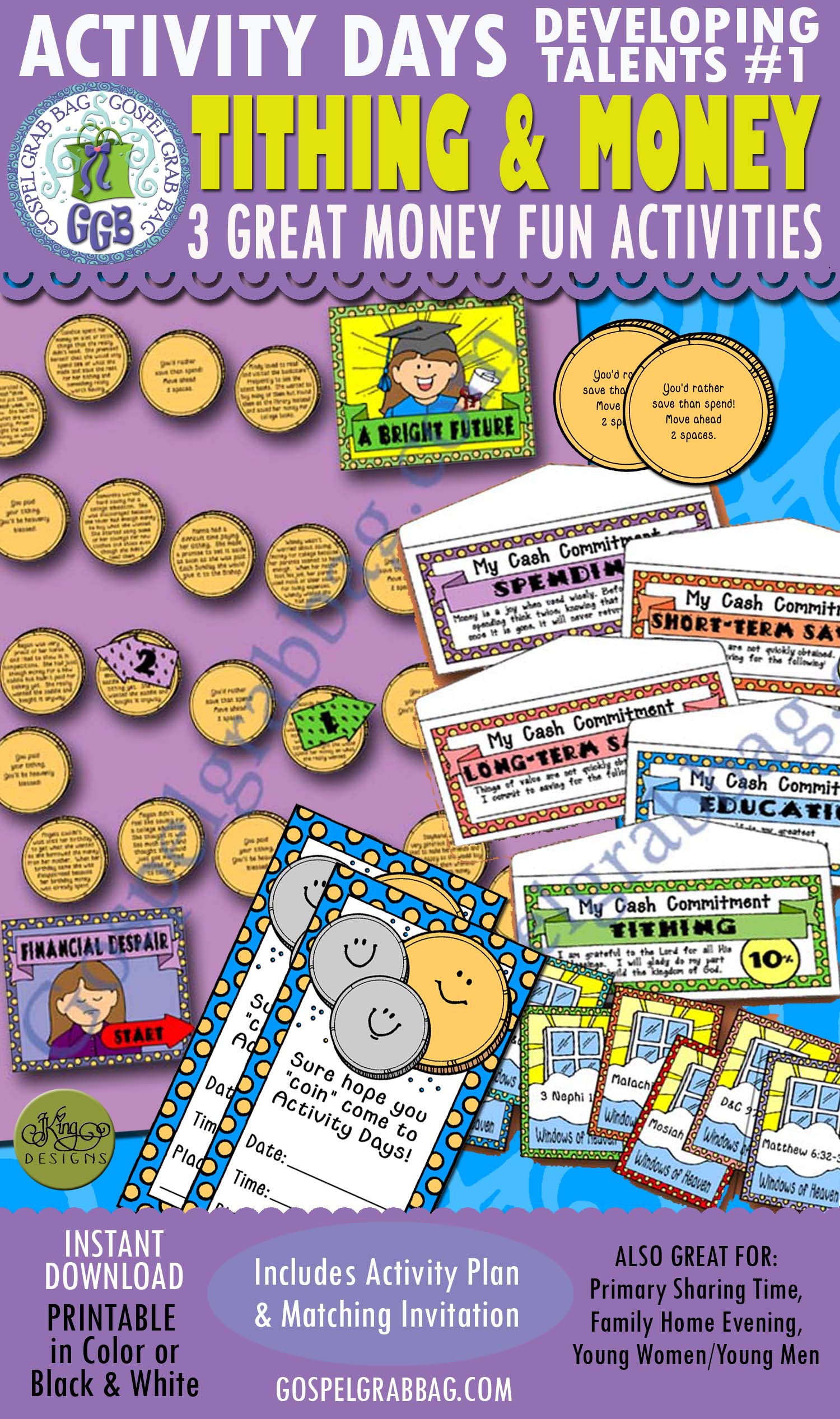 Activity Days: Developing Talents Goal 1 Invitation, Activities: Mind Your Money Game, Cash Commitment envelopes, Windows of Heaven Scripture Chase I Will Pay My Tithing and Save My Money 3 Great Money Fun Activities