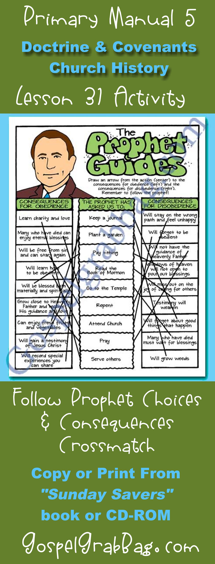 FOLLOW THE PROPHET - Choices-and-Consequences Crossmatch, Doctrine and Covenants, LDS Primary Lesson 31: The Extermination Order, Sunday Savers book or CD-ROM, GospelGrabBag.com