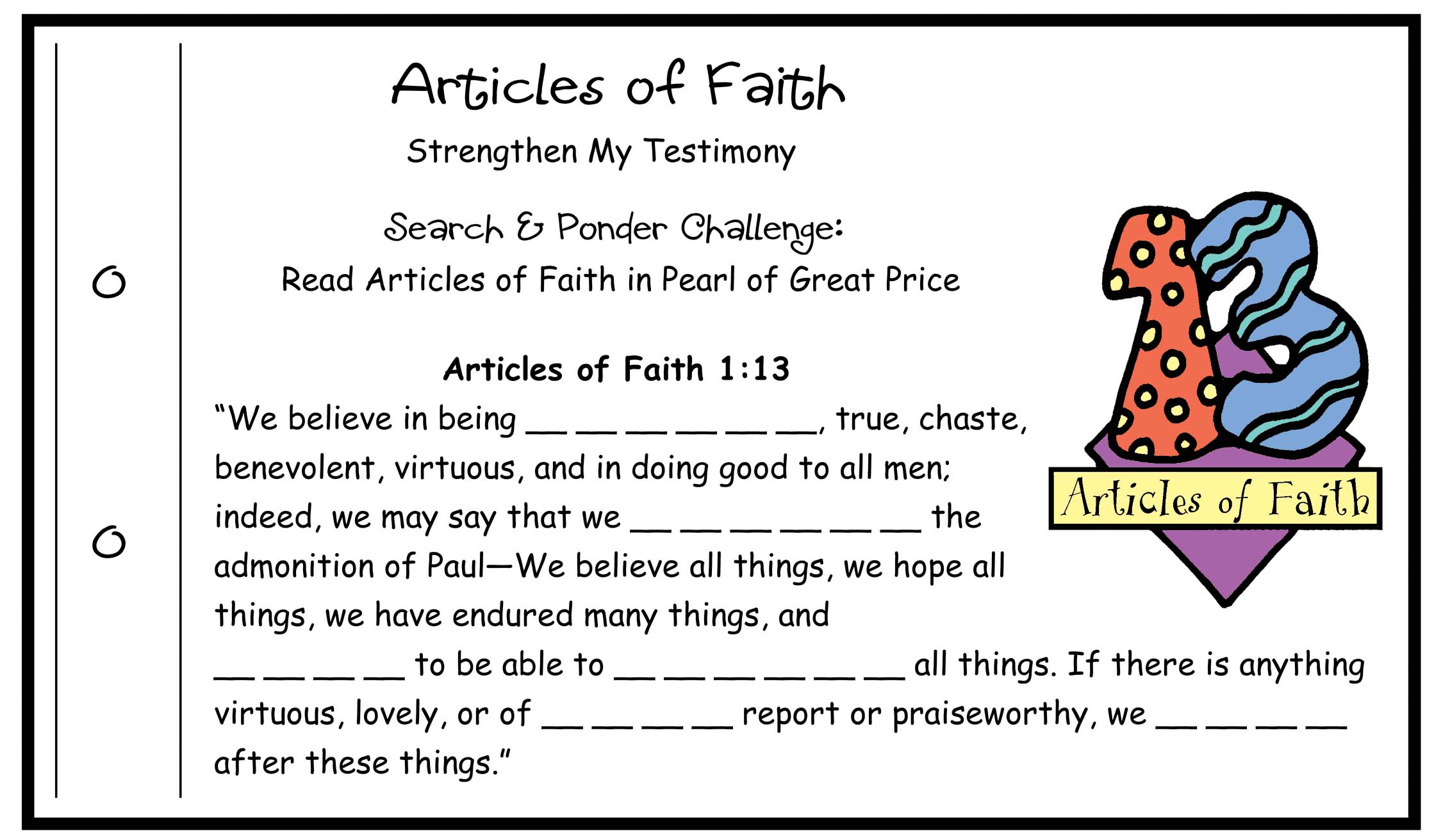 Articles of Faith 1:13 scripture challenge card