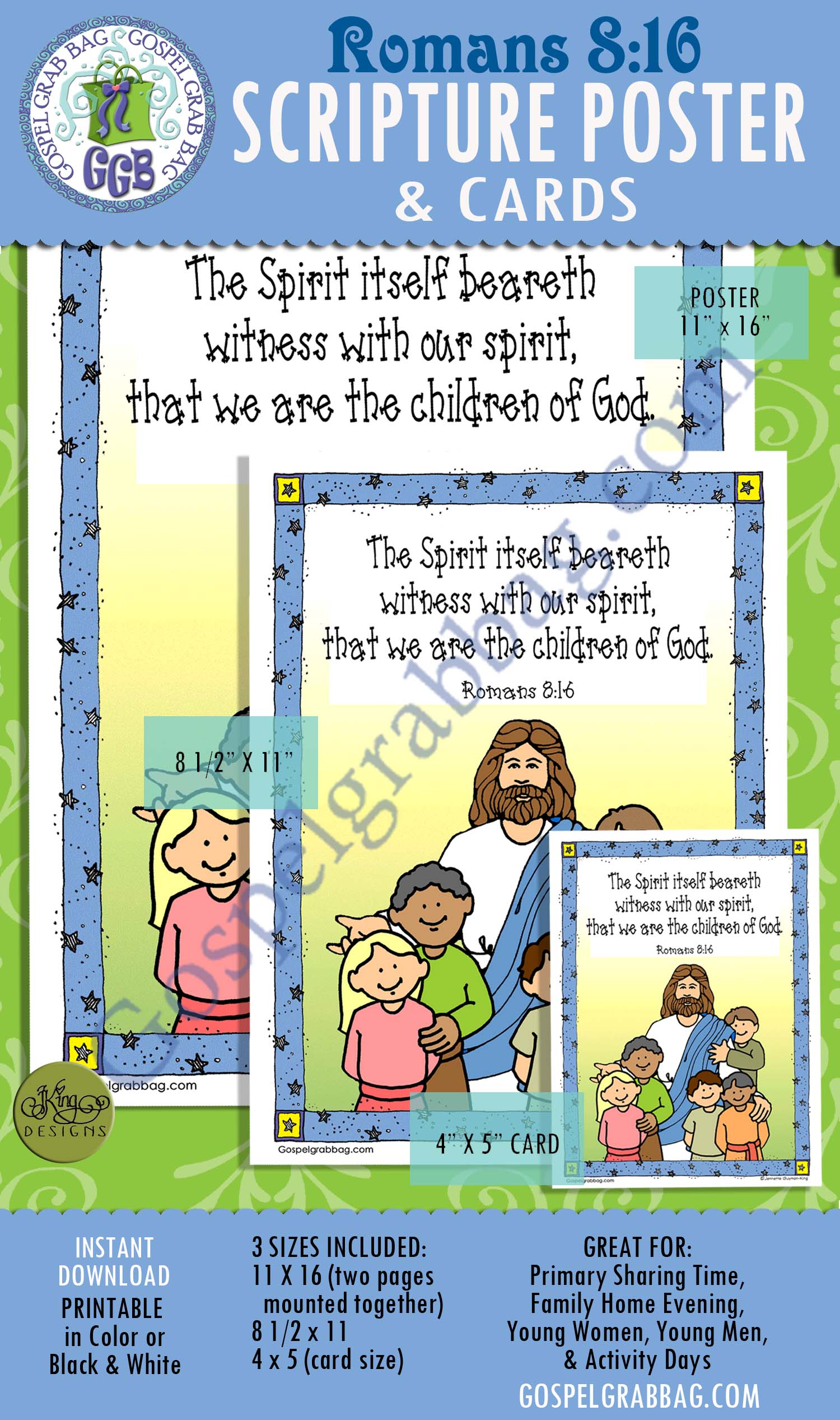 Romans 8:16 SCRIPTURE POSTER & CARDS, Primary Sharing Time, Come Follow Me, Family Home Evening, GospelGrabBag.com