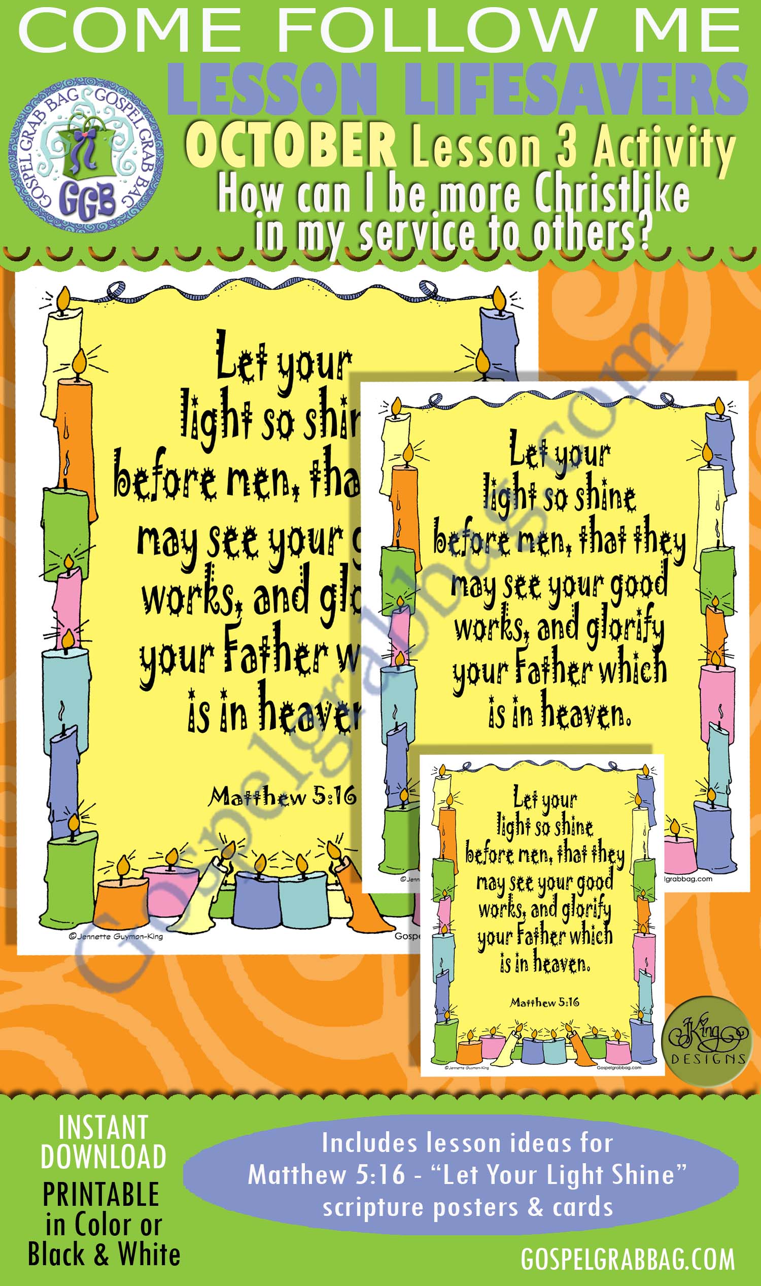 $2.00 October Lesson 3 - Come Follow Me "How can I be more Christlike in my service to others?" ACTIVITY: Matthew 5:16 Scripture Memorization Poster and Cards
