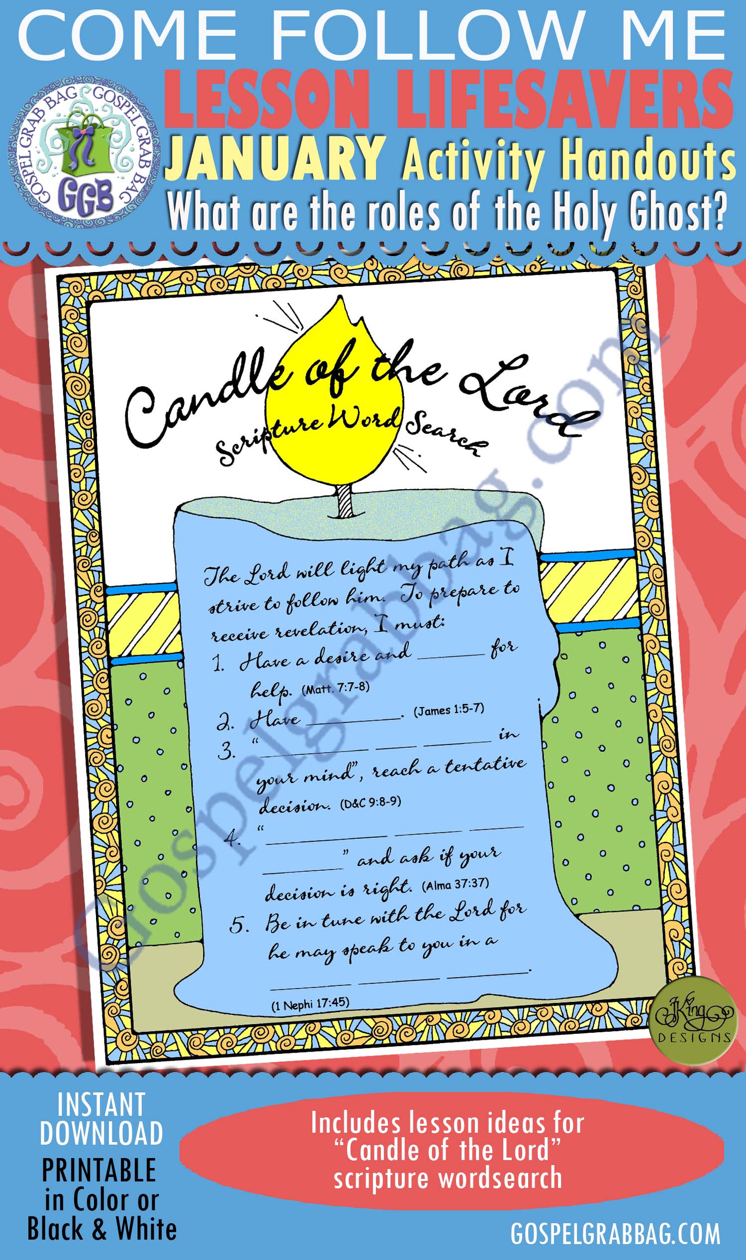 $1.75 January Lesson 4 - Come Follow Me "What are the roles of the Holy Ghost?" ACTIVITY: Candle of the Lord scripture wordsearch