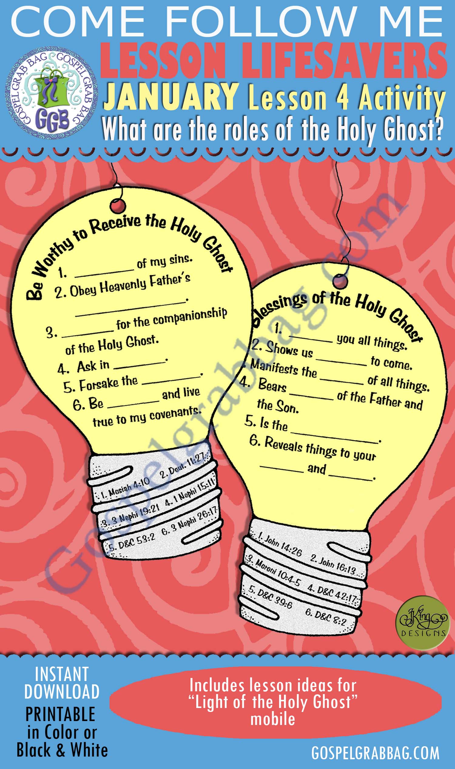 January Lesson 4 - Come Follow Me "What are the roles of the Holy Ghost?" ACTIVITY: Light of the Holy Ghost mobile $1.75 January Lesson 4 - Come Follow Me "What are the roles of the Holy Ghost?" ACTIVITY: Light of the Holy Ghost mobile