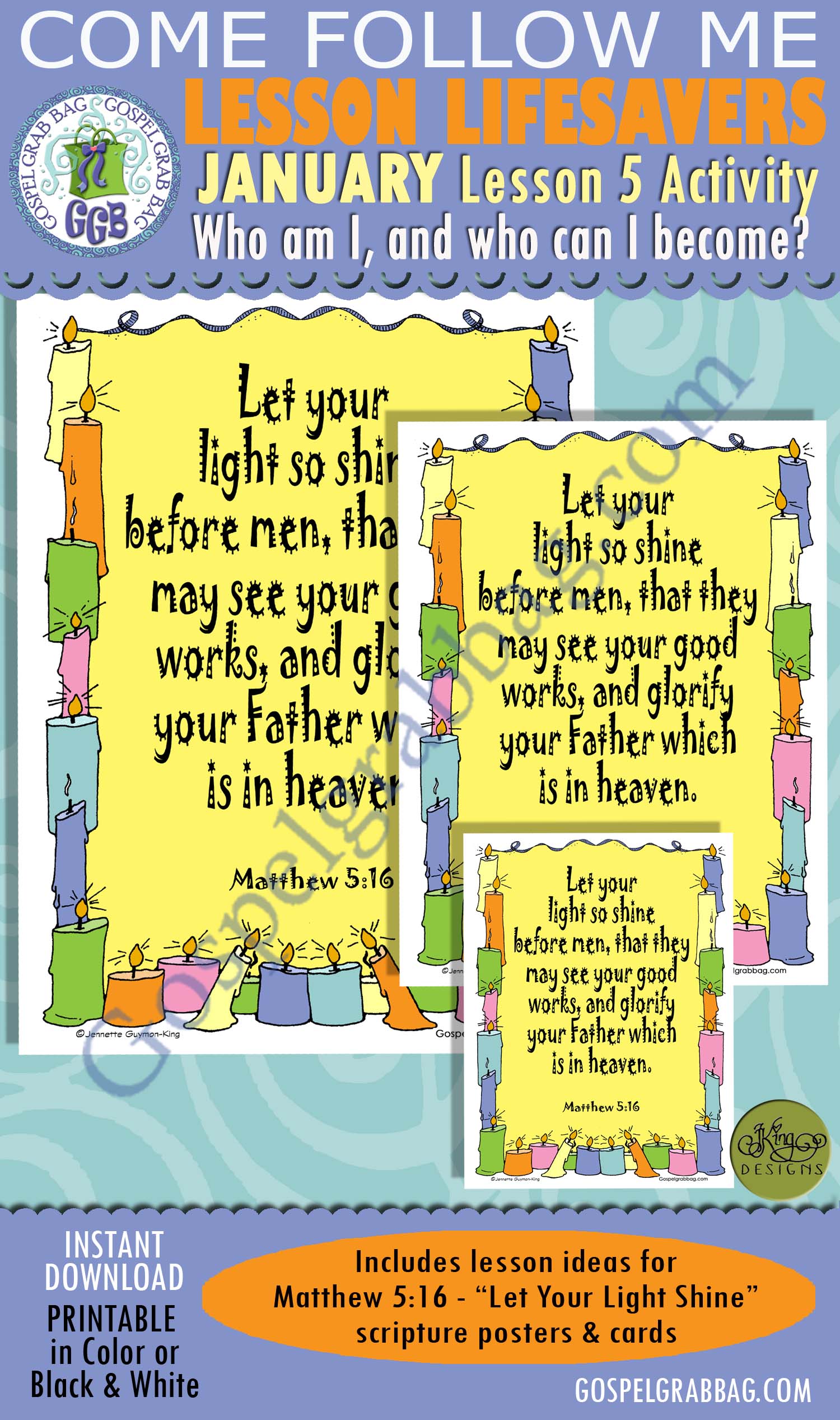 $2.00 January Lesson 5 - Come Follow Me "Who am I, and who can I become?" ACTIVITY: Matthew 5:16 Scripture Memorization Poster and Cards