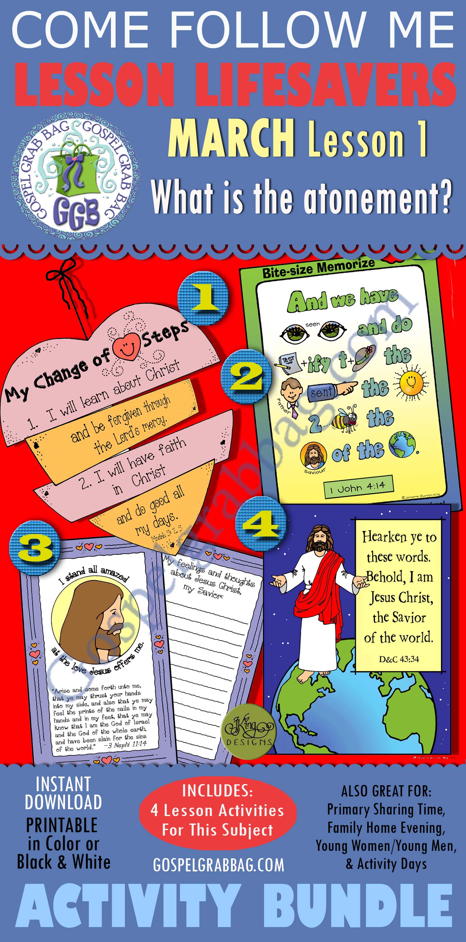 MARCH Lesson 1 - Come Follow Me "What is the Atonement of Jesus Christ?" $4.00 MARCH Lesson 1 - Come Follow Me "What is the Atonement of Jesus Christ?" BUNDLE Young Women handouts, GospelGrabBag.com