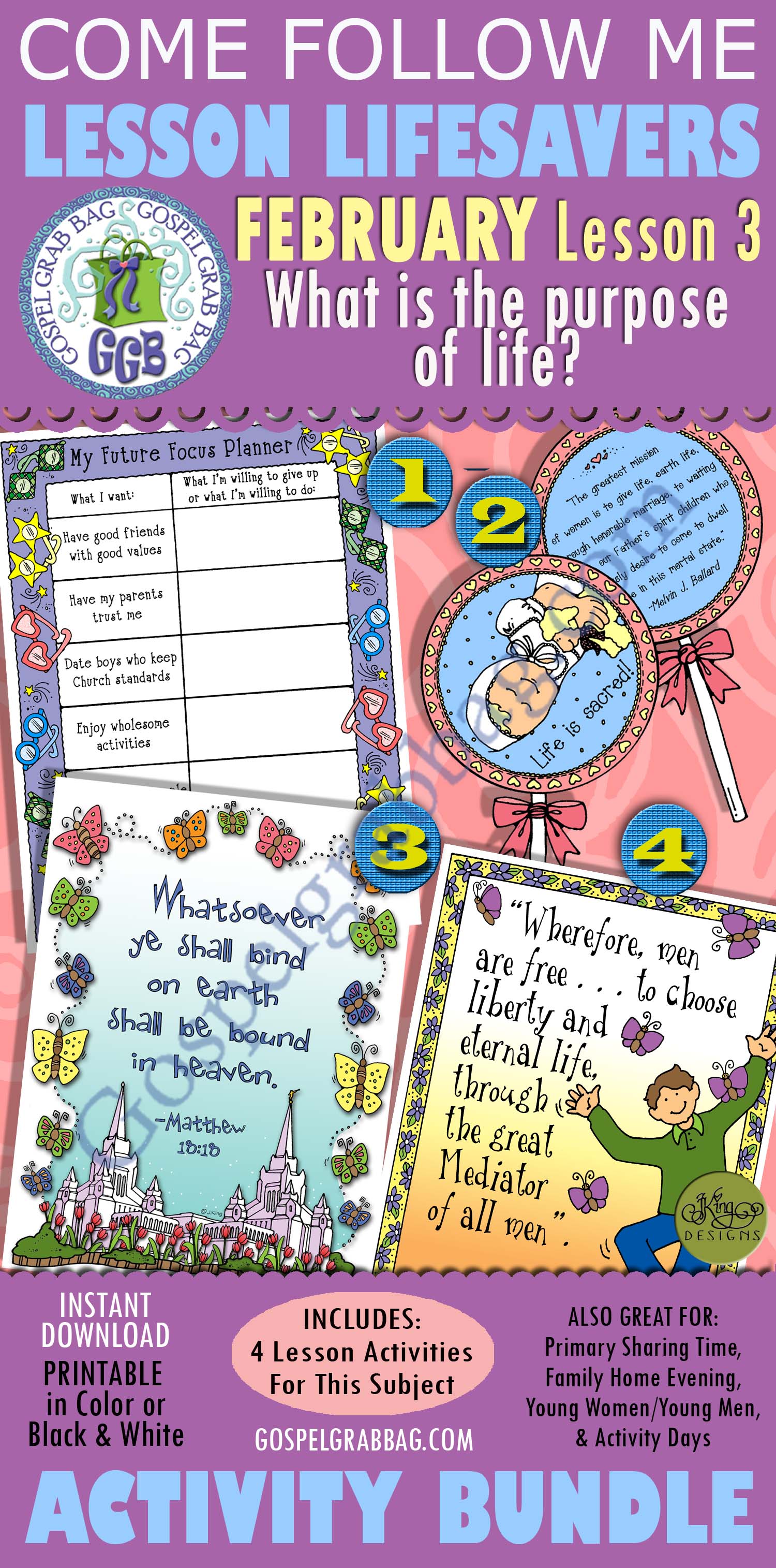 $4.00 February Lesson 3 - Come Follow Me "What is the purpose of life?" LESSON LIFESAVERS BUNDLE