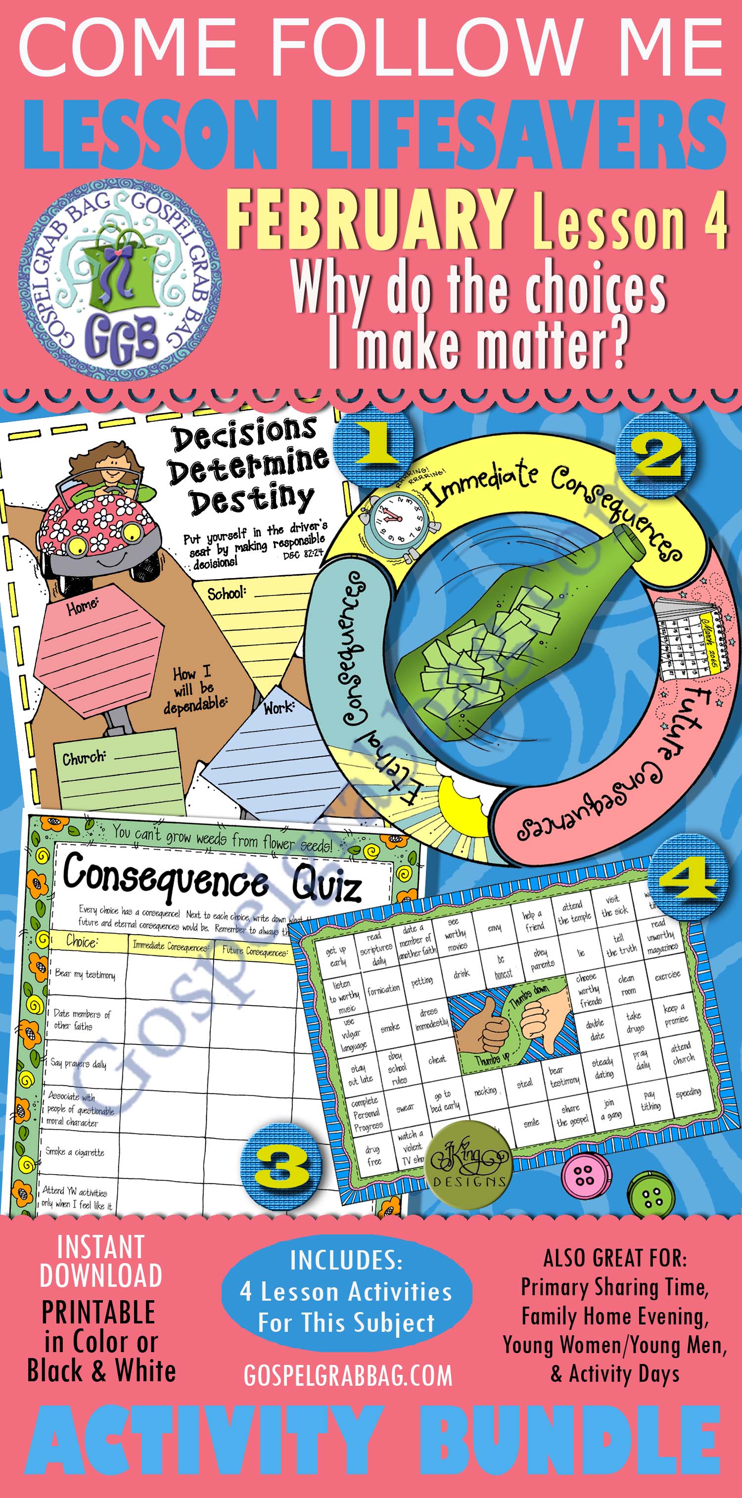 $4.00 February Lesson 4 Come Follow Me "Why do the choices I make matter?" ACTIVITY: Decisions Determine Destiny planner, BUNDLE Young Women, GospelGrabBag.com