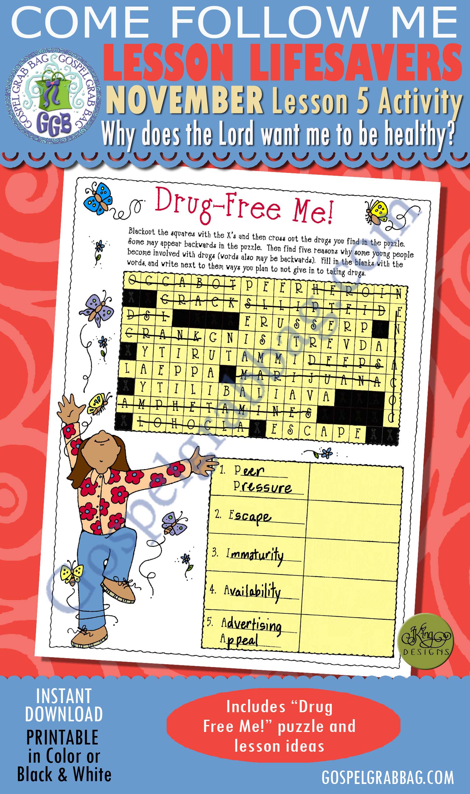 $1.75 November Lesson 5 Come Follow Me "Why does the Lord want me to be healthy?" ACTIVITY: Drug Free Me! puzzle, Young Women handouts, GospelGrabBag.com