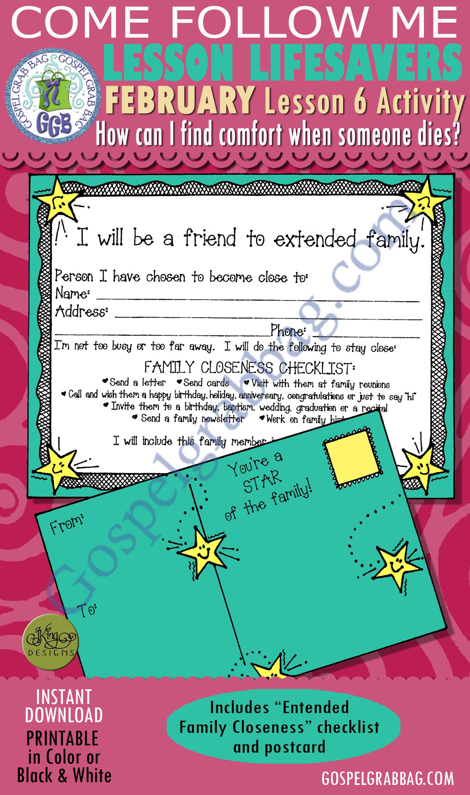 $1.75 February Lesson 6 Come Follow Me "How can I find comfort when someone I care about dies?" ACTIVITY: Extended Family Closeness checklist and postcard