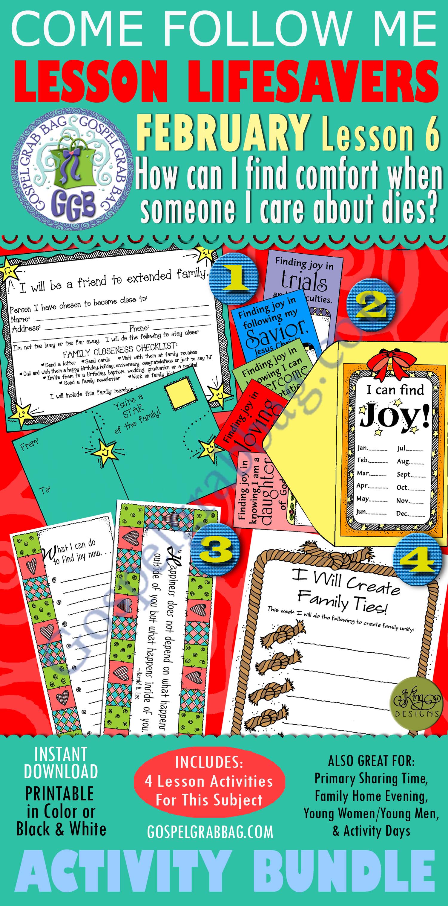 February Lesson 6 - Come Follow Me "How can I find comfort when someone I care for dies?" $4.00 February Lesson 6 - Come Follow Me "How can I find comfort when someone I care for dies?" Young Women Handouts BUNDLE, GospelGrabBag.com