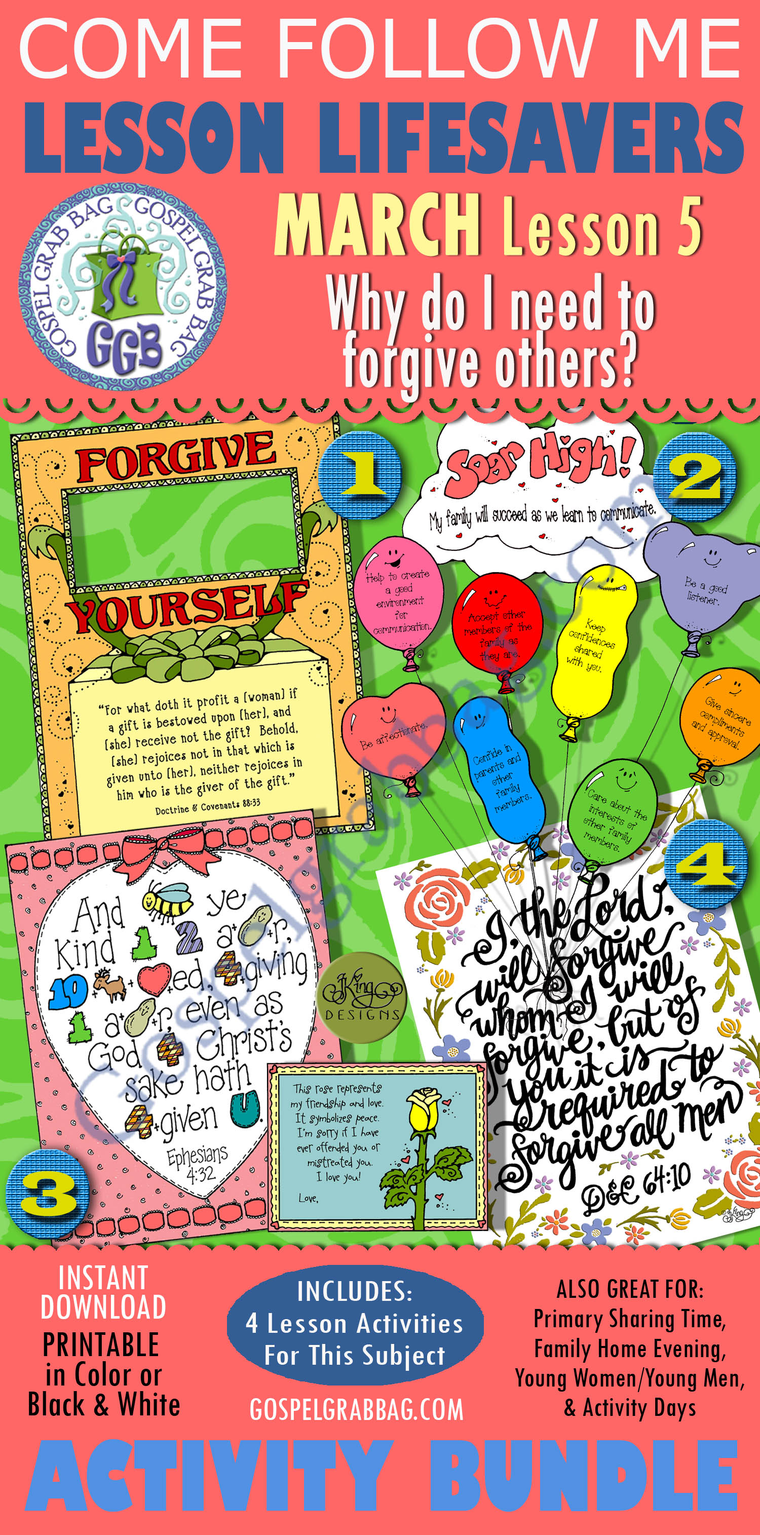 $4.00 MARCH Lesson 5 - Come Follow Me "Why do I need to forgive others?" Young Women LESSON LIFESAVERS, handouts, seminary, GospelGrabBag.com