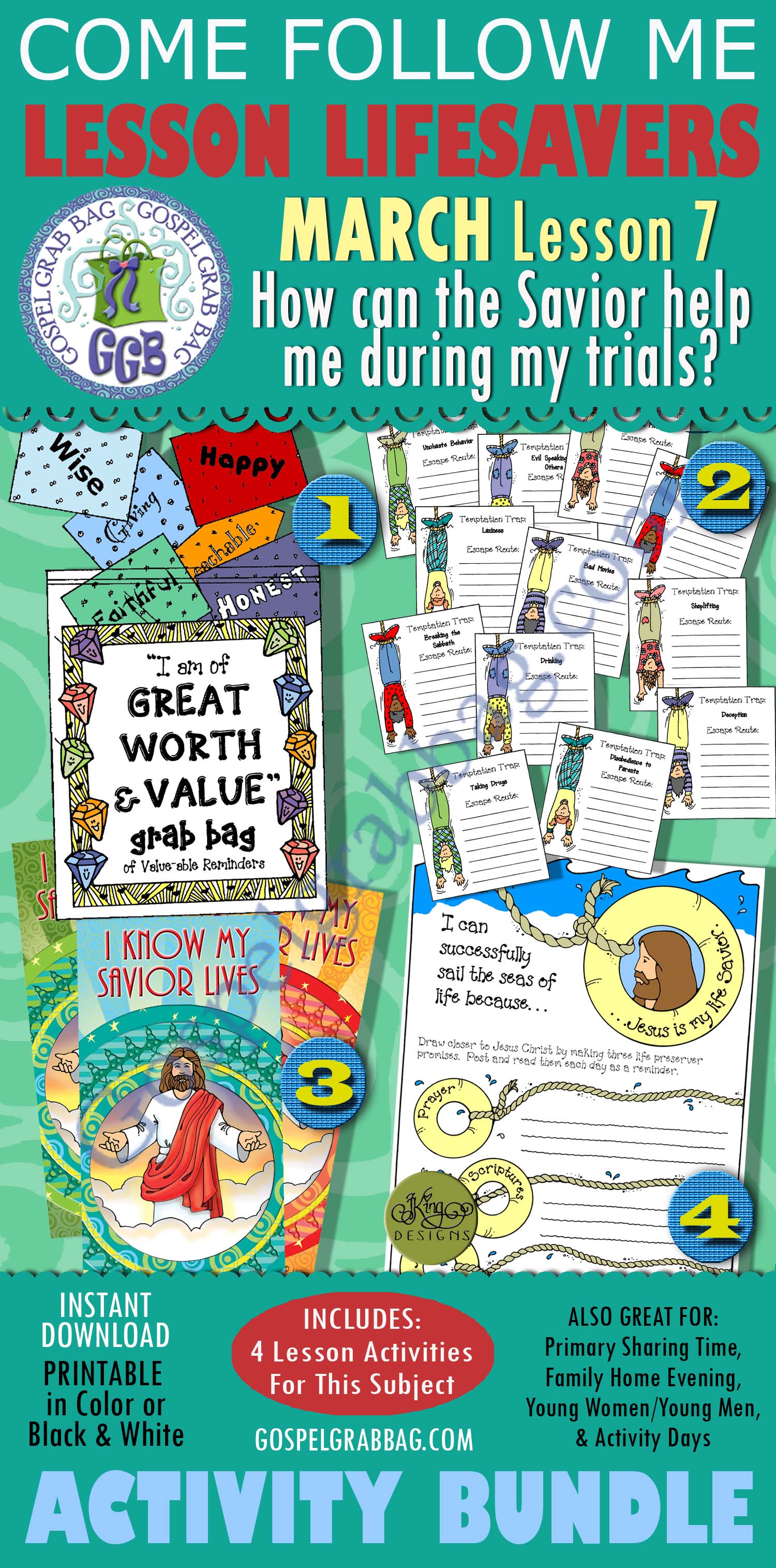 $4.00 MARCH Lesson 7 - Come Follow Me "How can the Savior help me during my trials?" BUNDLE Young Women handouts/activities, GospelGrabBag.com