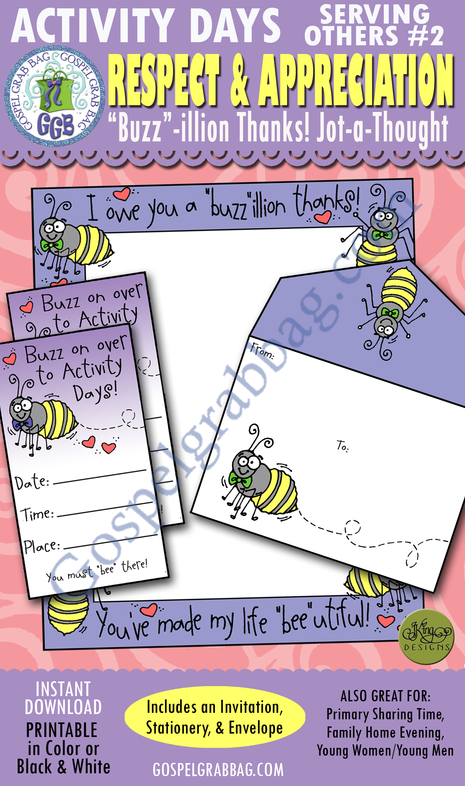 GRATITUDE: Activity Days SERVING OTHERS Goal 2 Invitation, Activity: I Will Express Appreciation - "Buzz"illion Thanks jot-a-note stationery and envelope, & invitation $3.00 GRATITUDE: Activity Days SERVING OTHERS Goal 2 Invitation, Activity: I Will Express Appreciation - "Buzz"illion Thanks jot-a-note stationery and envelope, & invitation