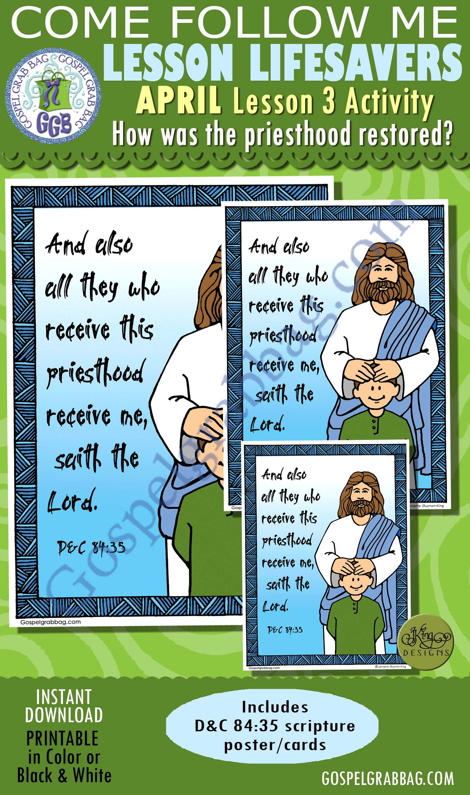 $1.75 APRIL Lesson 3 Come Follow Me "How was the priesthood restored?" ACTIVITY: D&C 84:35 scripture poster and cards