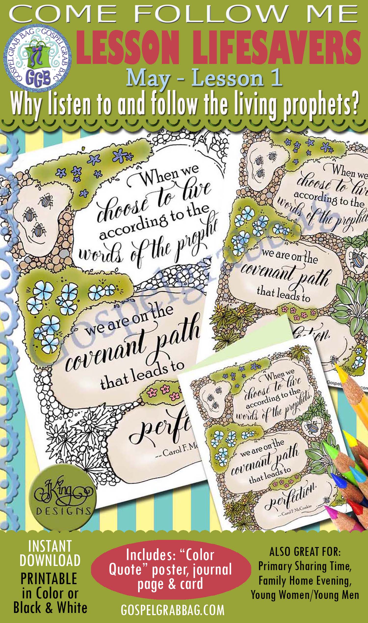 $2.00 CHOICES - FOLLOW PROPHET: Come Follow Me – LDS Young Women Activities, MAY Theme: “Prophets and Revelation”, LESSON 1: Why is it important to listen to and follow the living prophets? handout for every lesson, ACTIVITY: ColorQuote "Choose to live . . . words of the prophets"