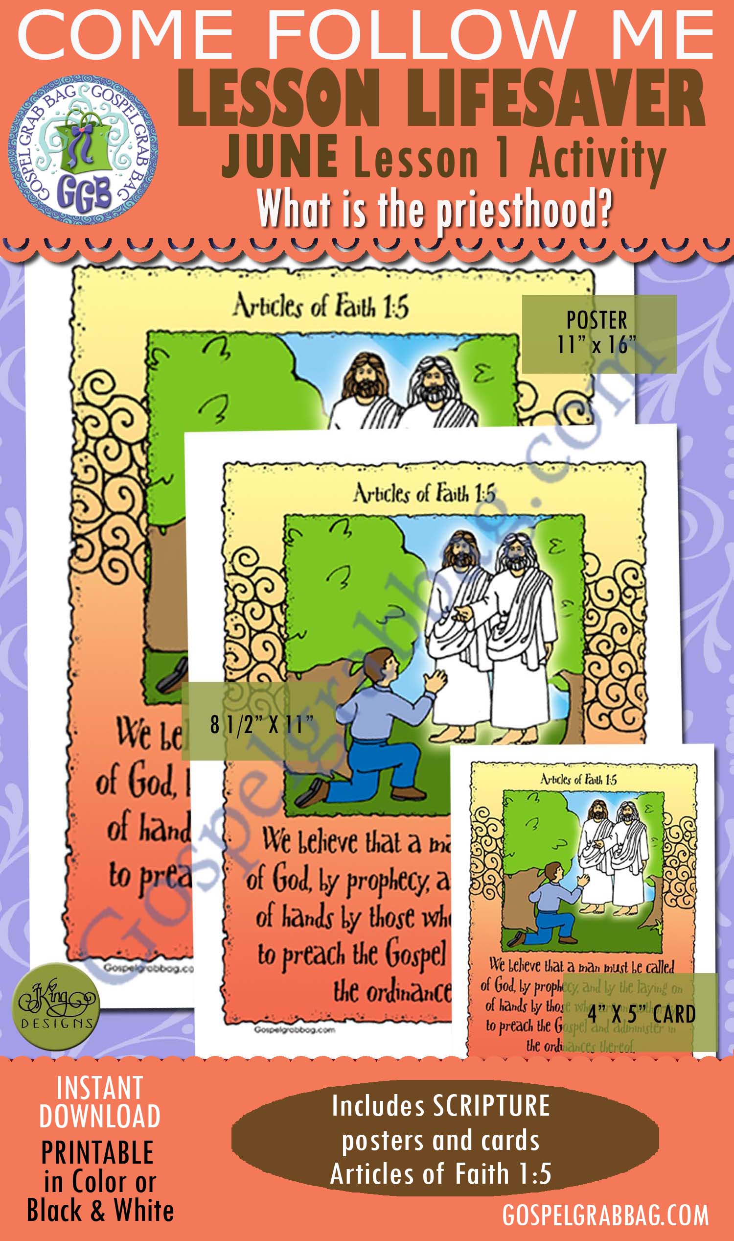 $2.00 June Week 1 Come Follow Me Lesson Activity PRIESTHOOD: Articles of Faith 1:5 SCRIPTURE poster and cards