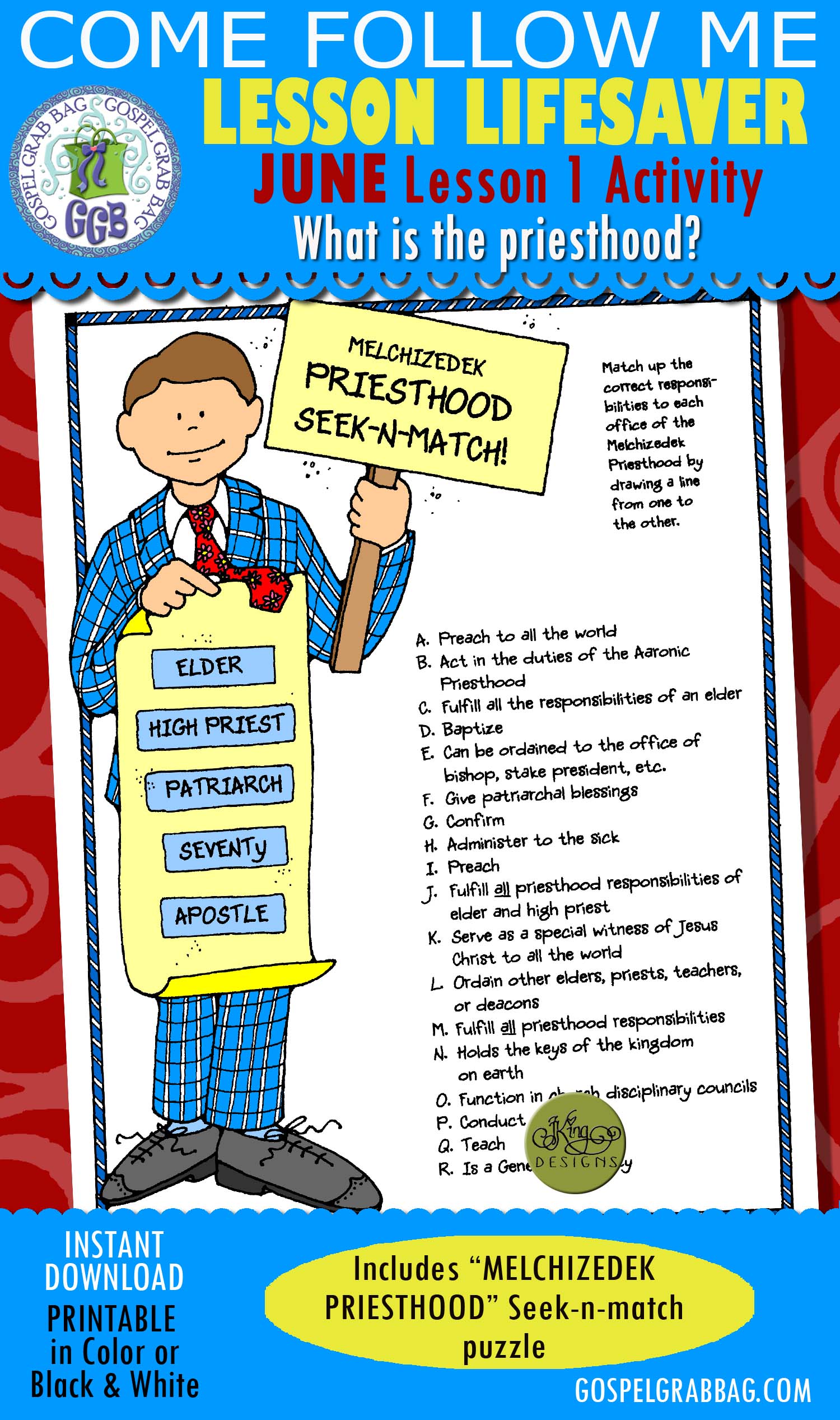 $1.75 June Week 1 Come Follow Me Lesson Activity PRIESTHOOD: LESSON LIFESAVER ACTIVITY Melchizedek Priesthood seek-and-match game