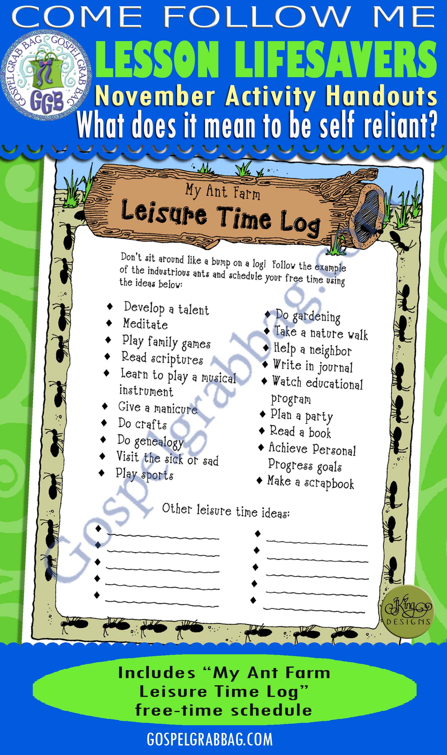 $1.75 November Lesson 1 - Come Follow Me "What does it mean to be self-reliant?" ACTIVITY: My Ant Farm Leisure Time Log