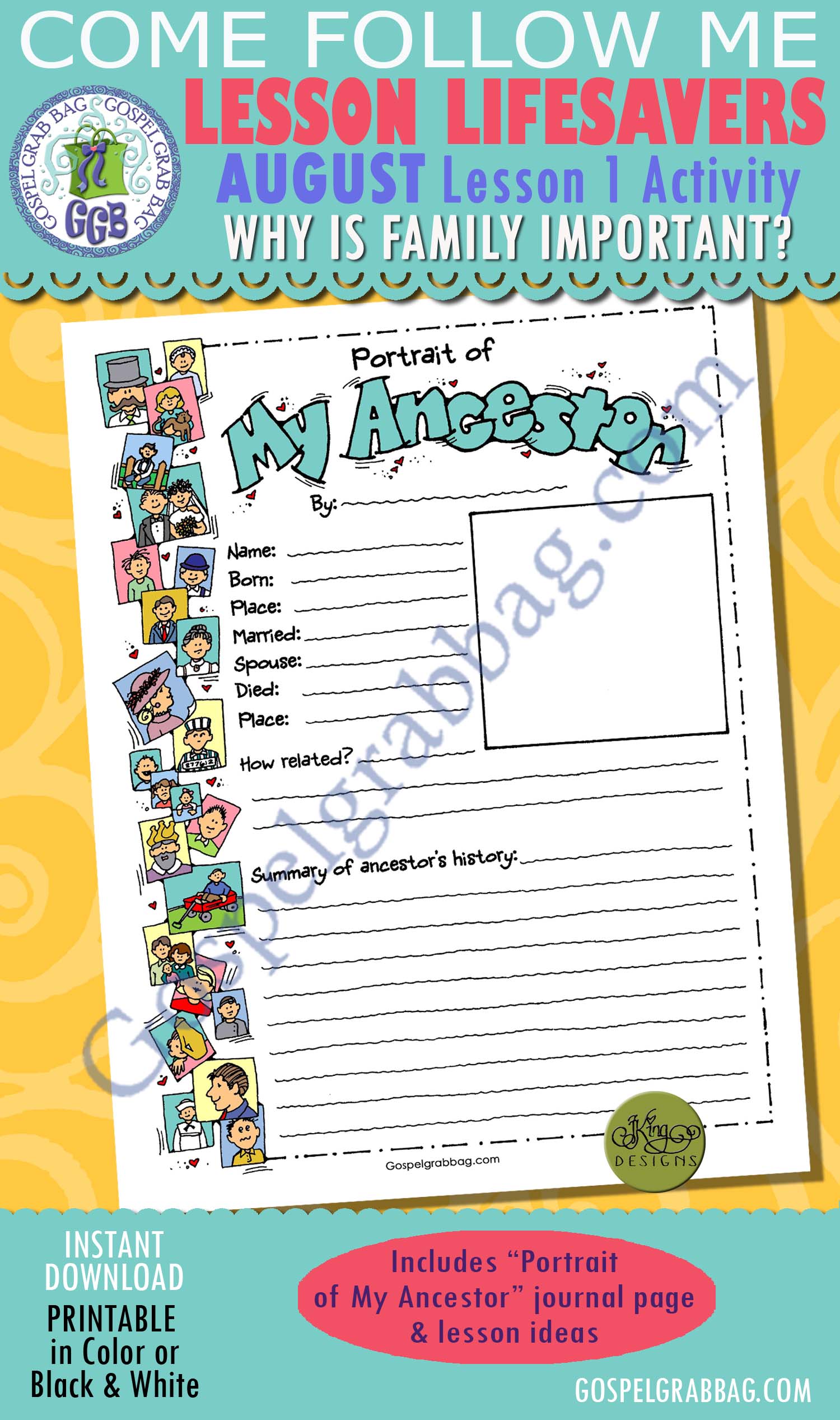 CFM.AUG.1.2PortraitAncestor $1.75 SEPTEMBER Lesson 1 ACTIVITY "Portrait of My Ancestor" journal page - LESSON LIFESAVER activity and handout - Lesson Theme: