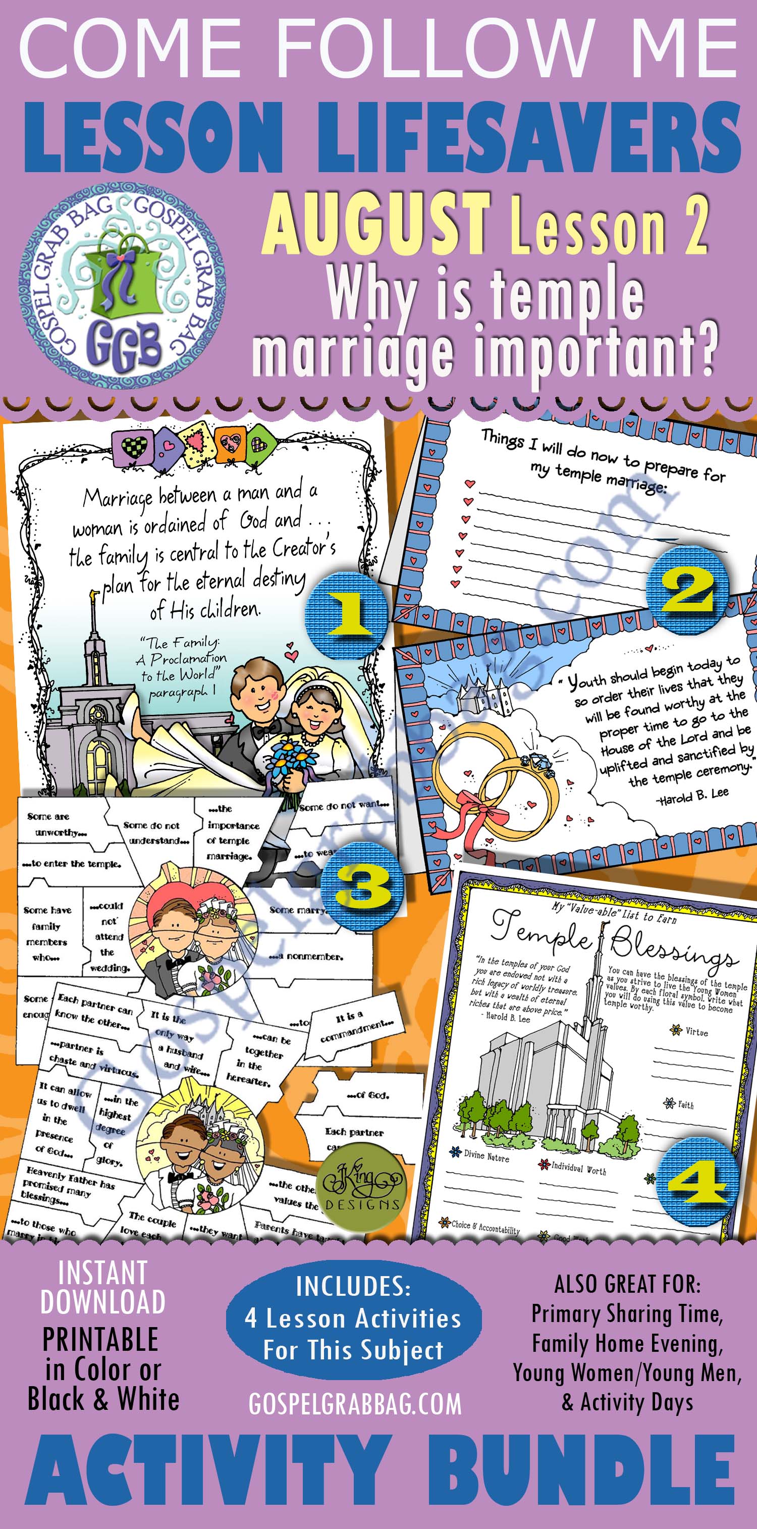 $4.00 AUGUST Lesson 2 Come Follow Me "Why is temple marriage important?" BUNDLE of 4 Activities