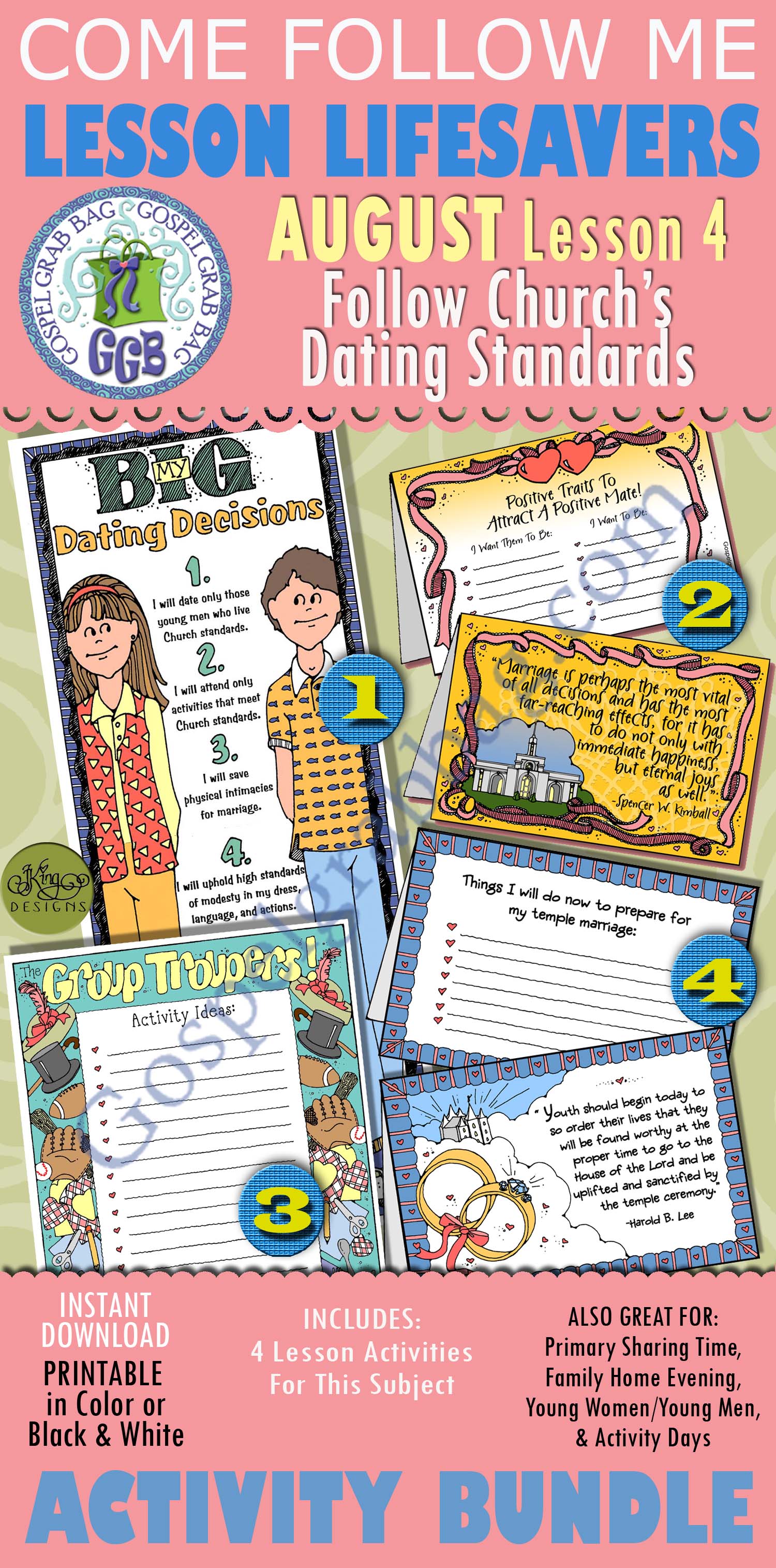 $4.00 AUGUST Lesson 4 Come Follow Me "Why is it important to follow the Church's standards regarding dating?" BUNDLE of 4 Activities