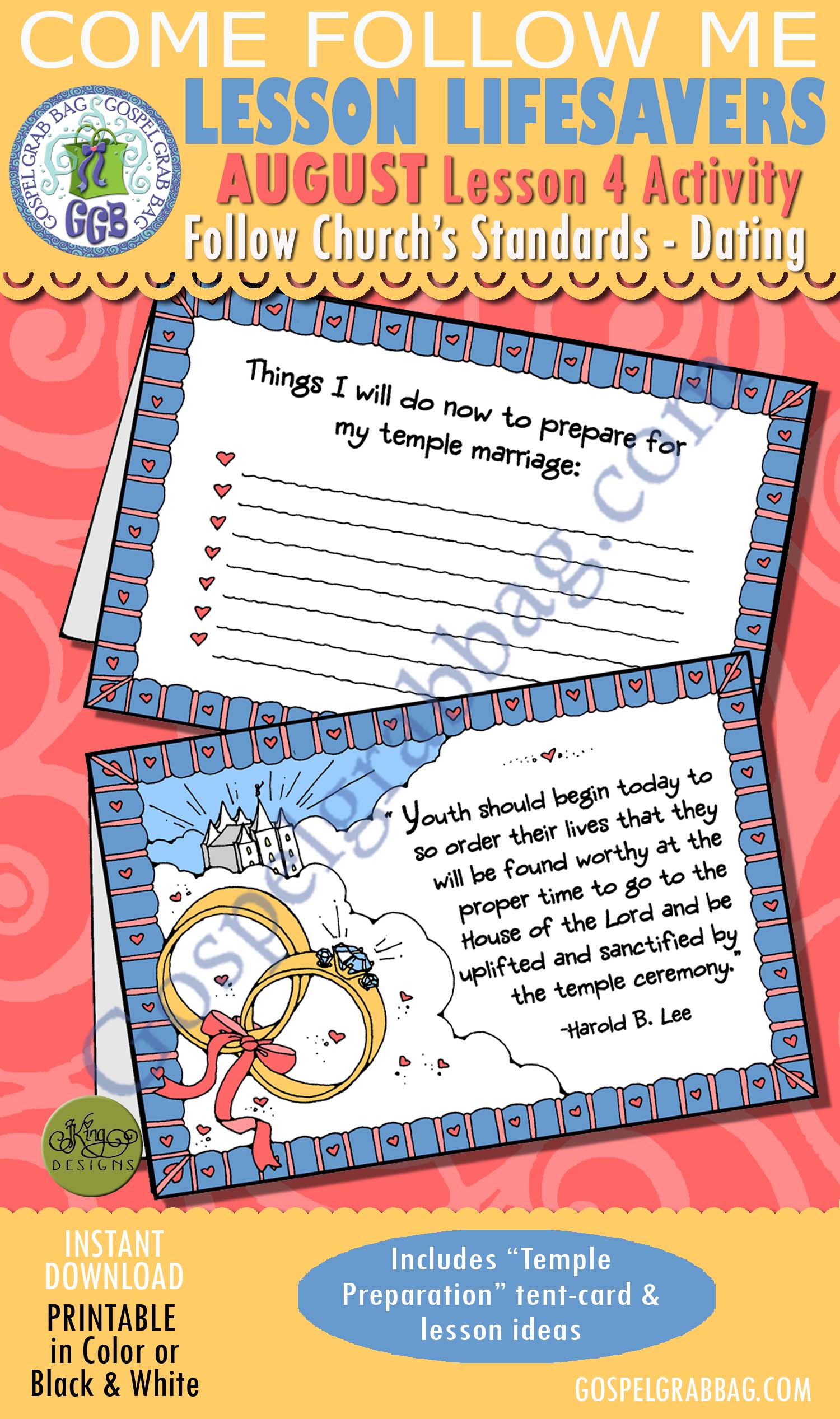 $1.75 AUGUST Lesson 4 Come Follow Me "Why is it important to follow the Church's standards regarding dating?" Activity: Temple Preparation tent-card