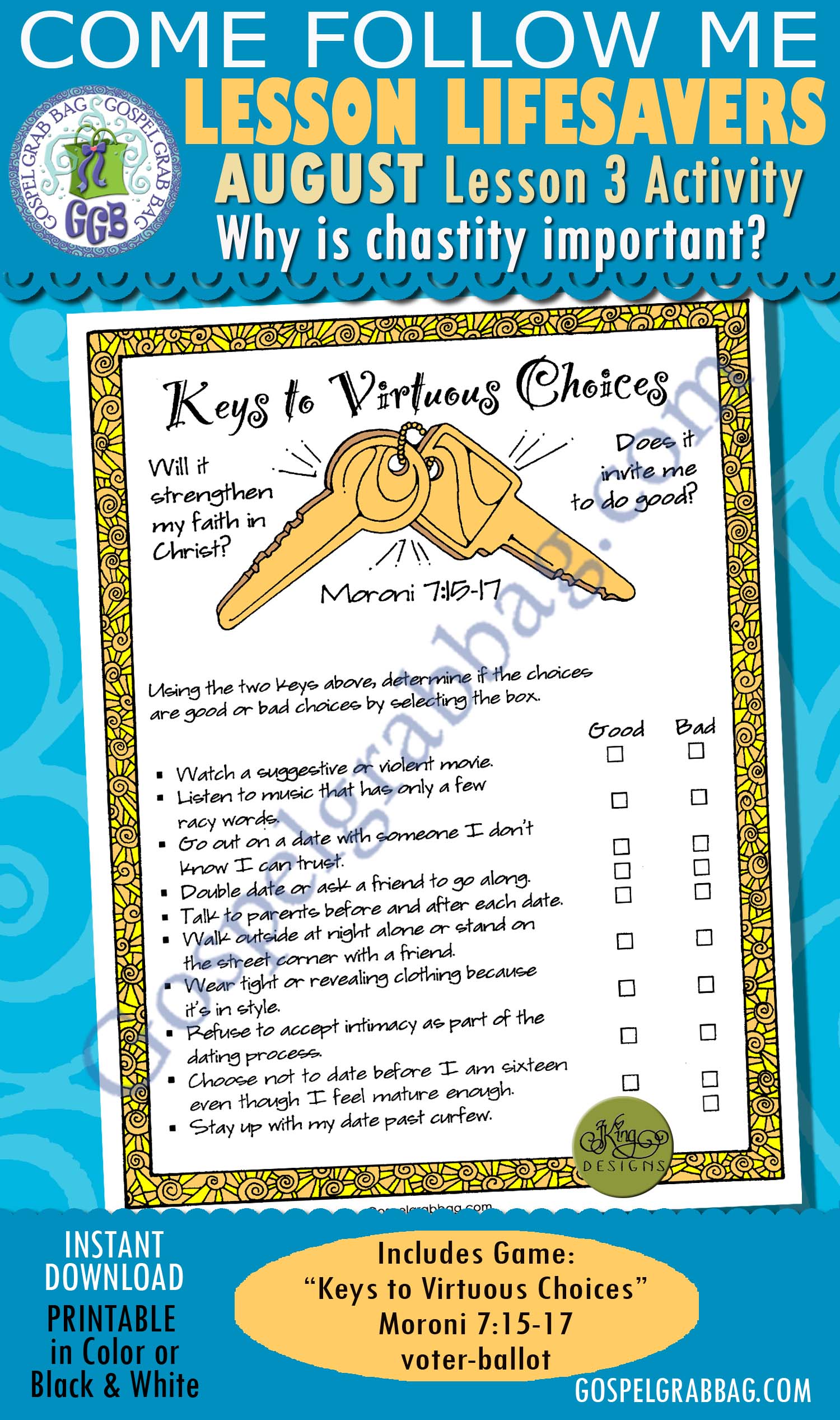 $1.75 AUGUST Lesson 3 "Why is chastity important?" LESSON LIFESAVER Activity: Keys to Virtuous Choices voter-ballot