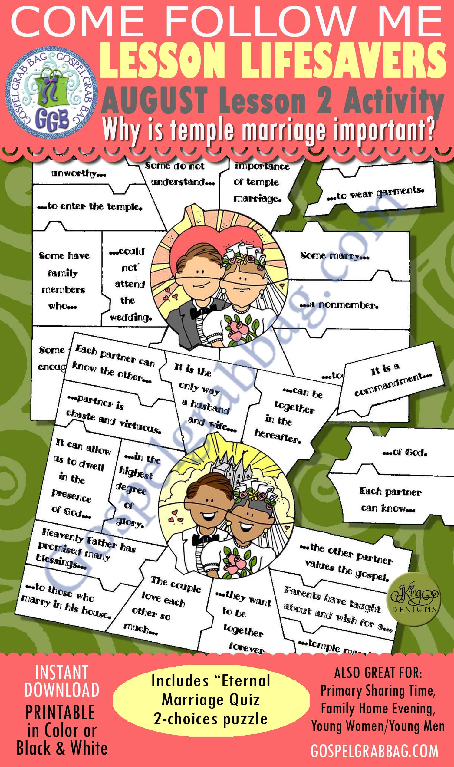 $2.00 August Lesson 2 "Why is temple marriage important?" LESSON LIFESAVER Activity Eternal Marriage Quiz