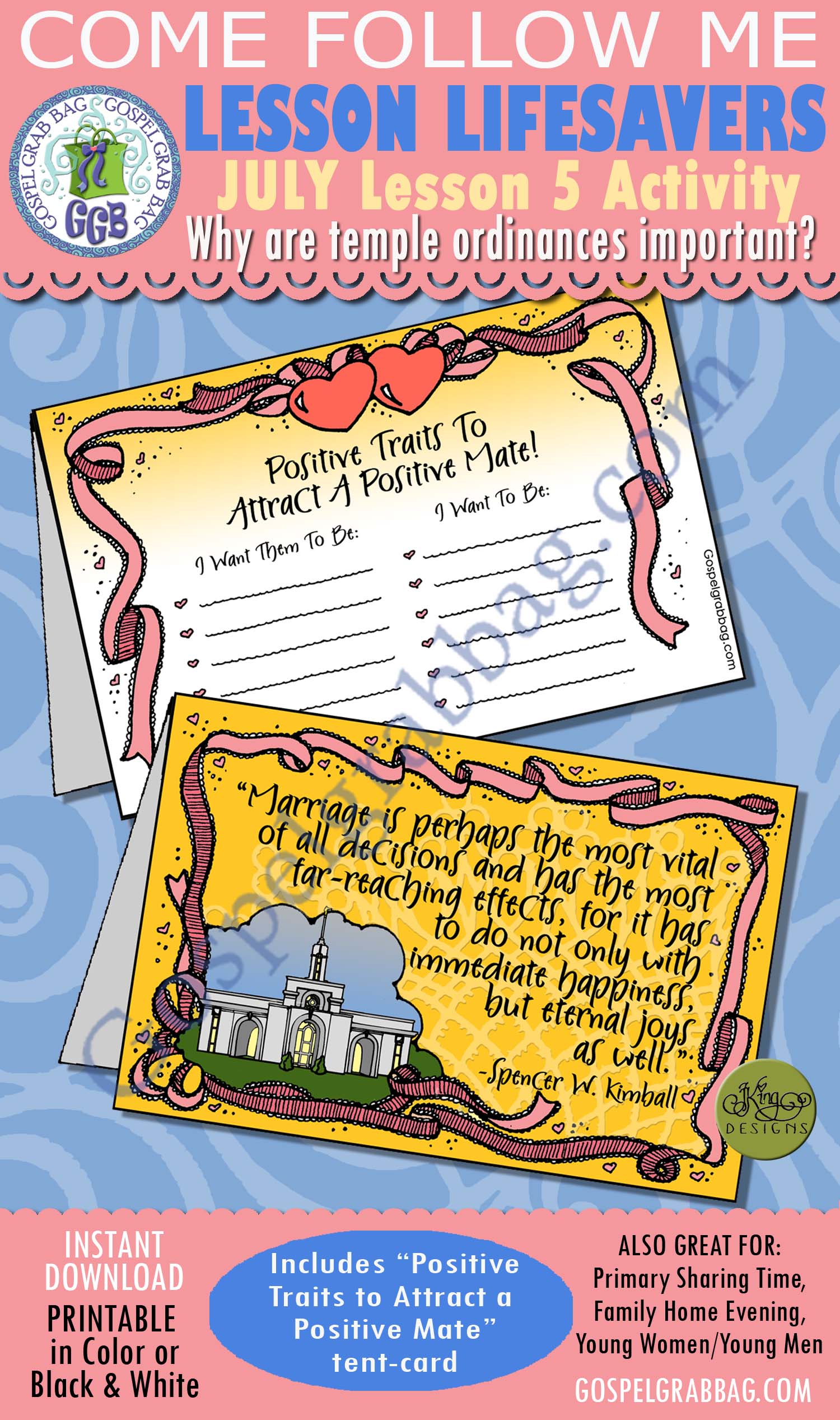 DATING - Temple Marriage: Activity: Traits to Attract a Positive Mate tent-card $1.75 JULY Lesson 5 Come Follow Me "Why are temple ordinances important?" LESSON LIFESAVER Activity: Traits to Attract a Positive Mate tent-card